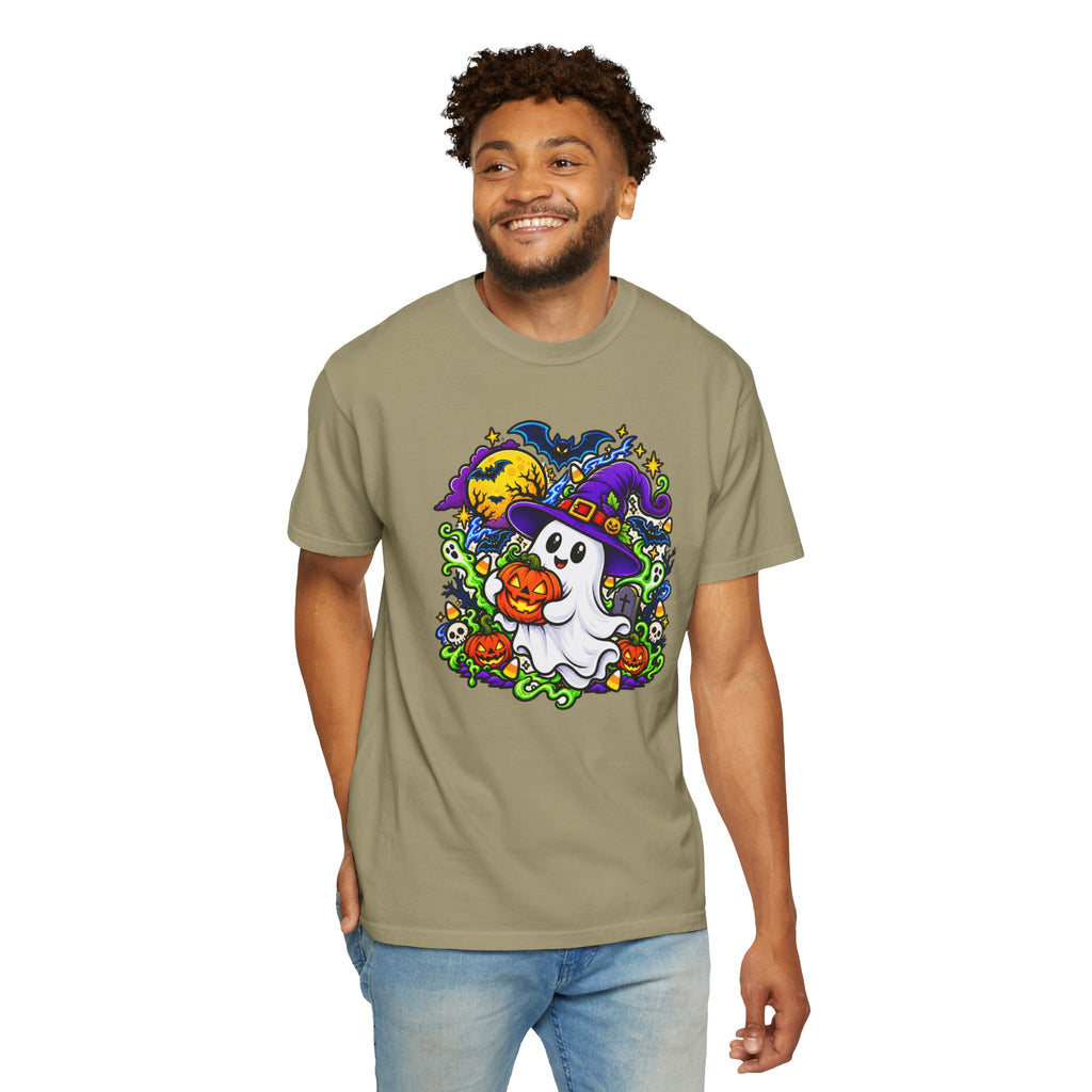 Unisex Halloween Ghost & Pumpkin Tee | Vibrant Spooky Adult Shirt