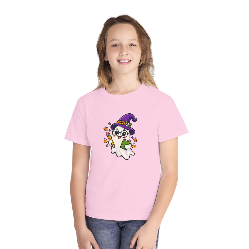 Kids Halloween Ghost Tee — Cute Witch Hat Ghost with Candy Corn & Trick-or-Treat Book