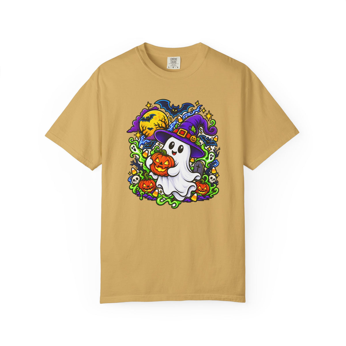 Unisex Halloween Ghost & Pumpkin Tee | Vibrant Spooky Adult Shirt