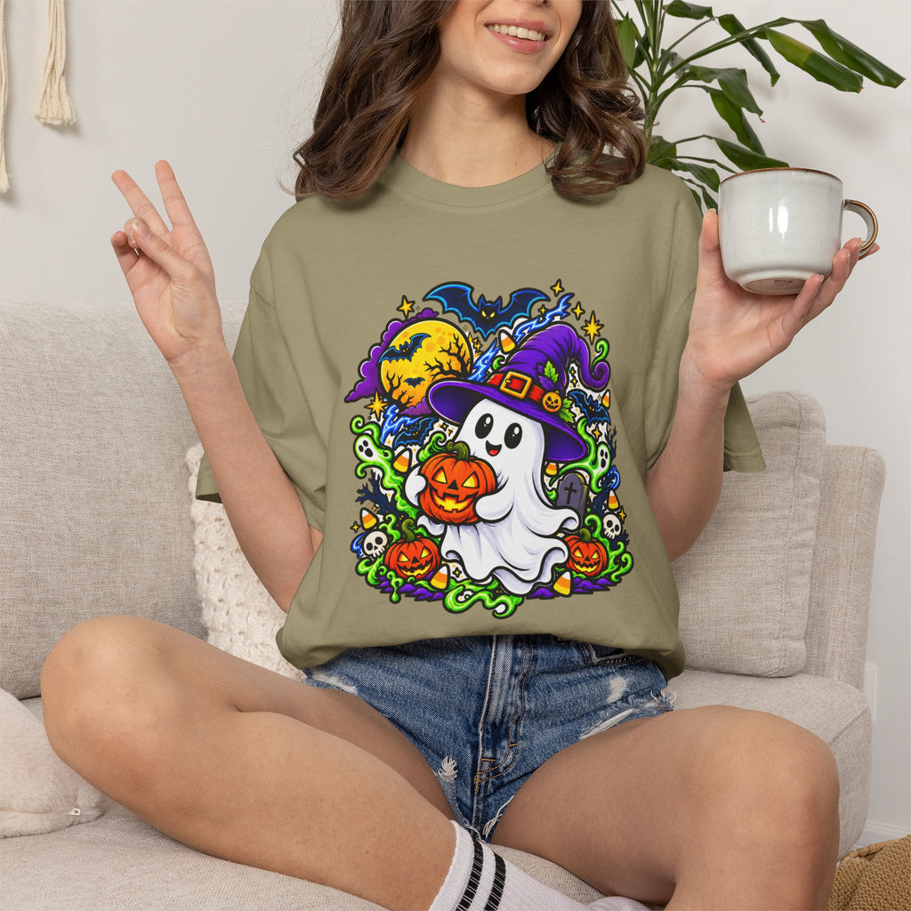 Unisex Halloween Ghost & Pumpkin Tee | Vibrant Spooky Adult Shirt