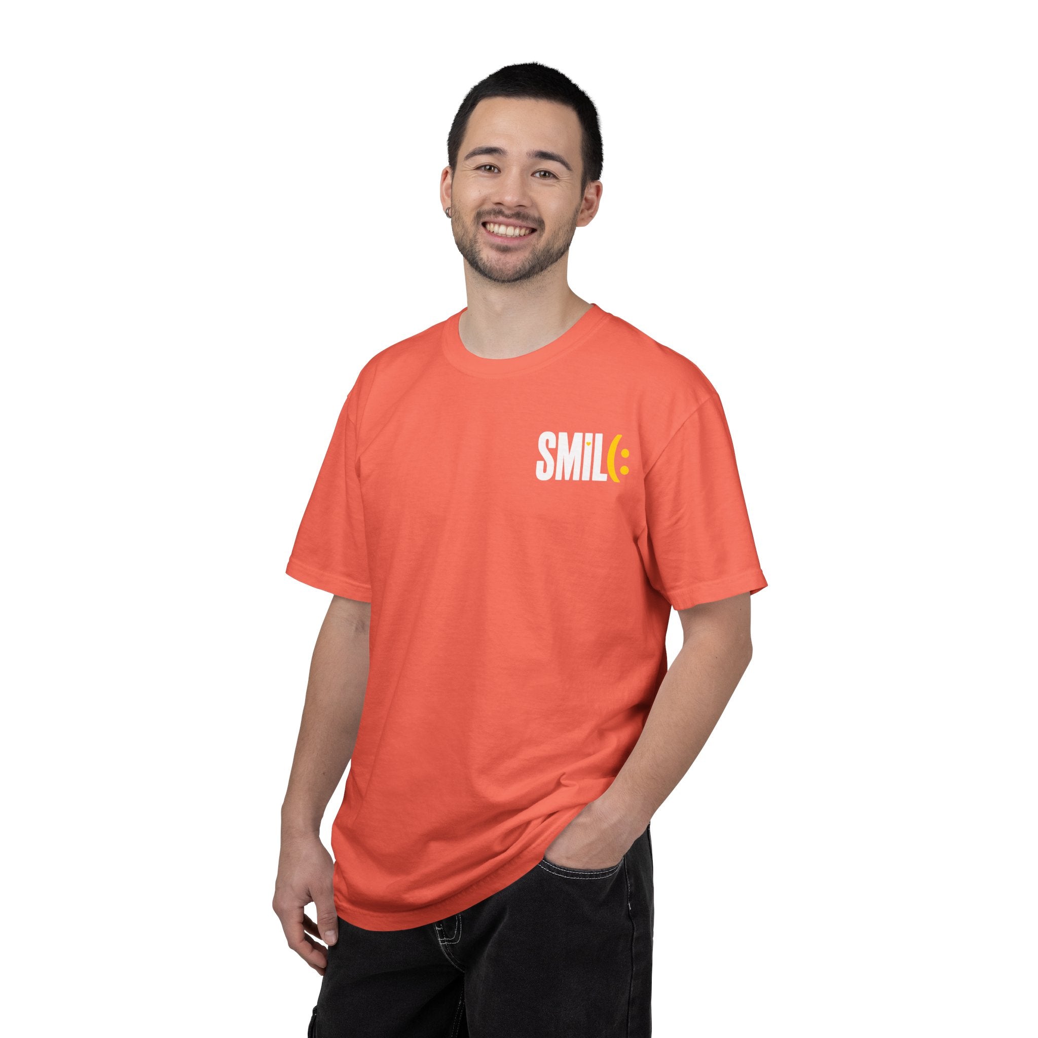 SMIL(: IT’S FREE. White & Yellow Front-and-Back Garment-Dyed Tee