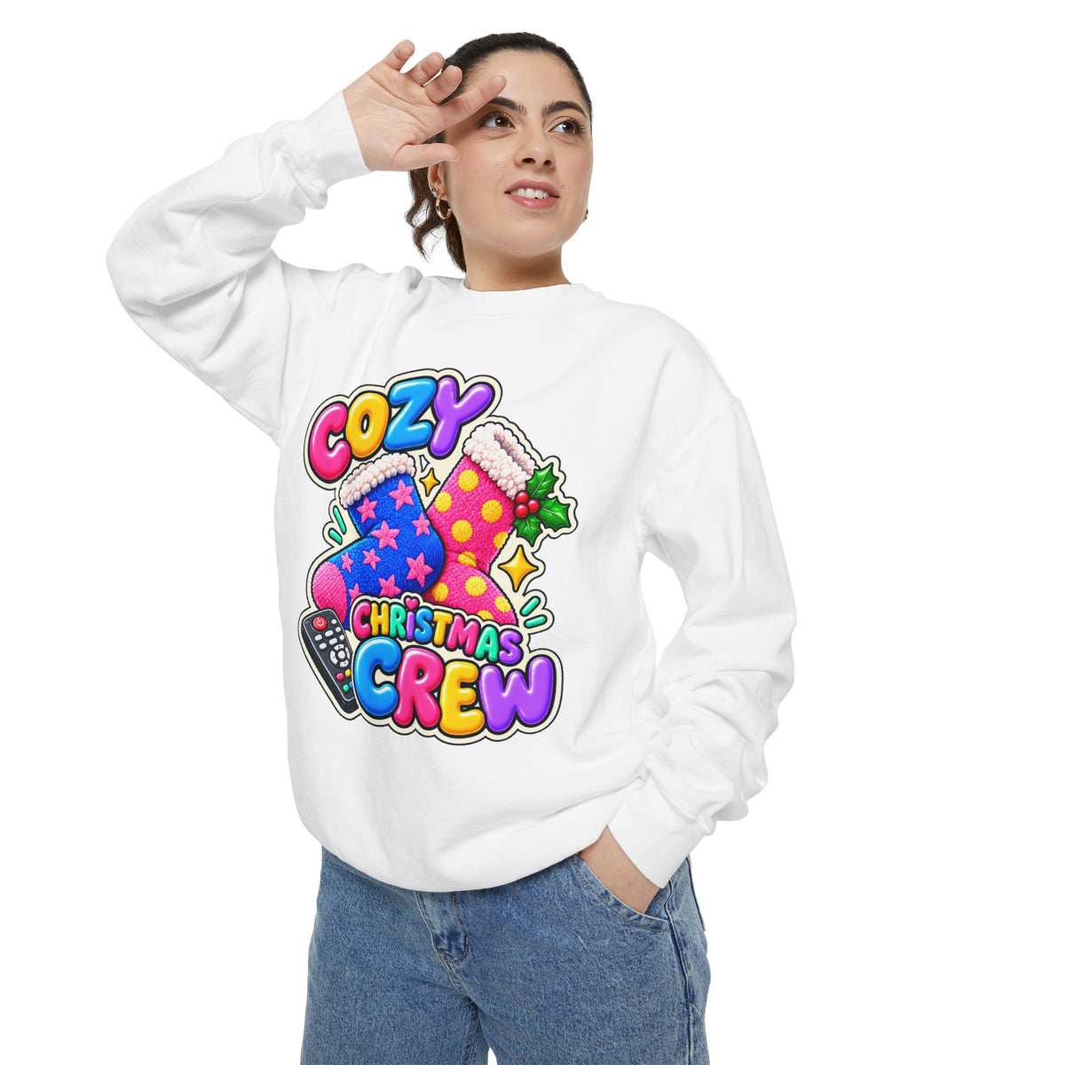 Cozy Christmas Crew Crewneck Sweatshirt 🧦🎄📺