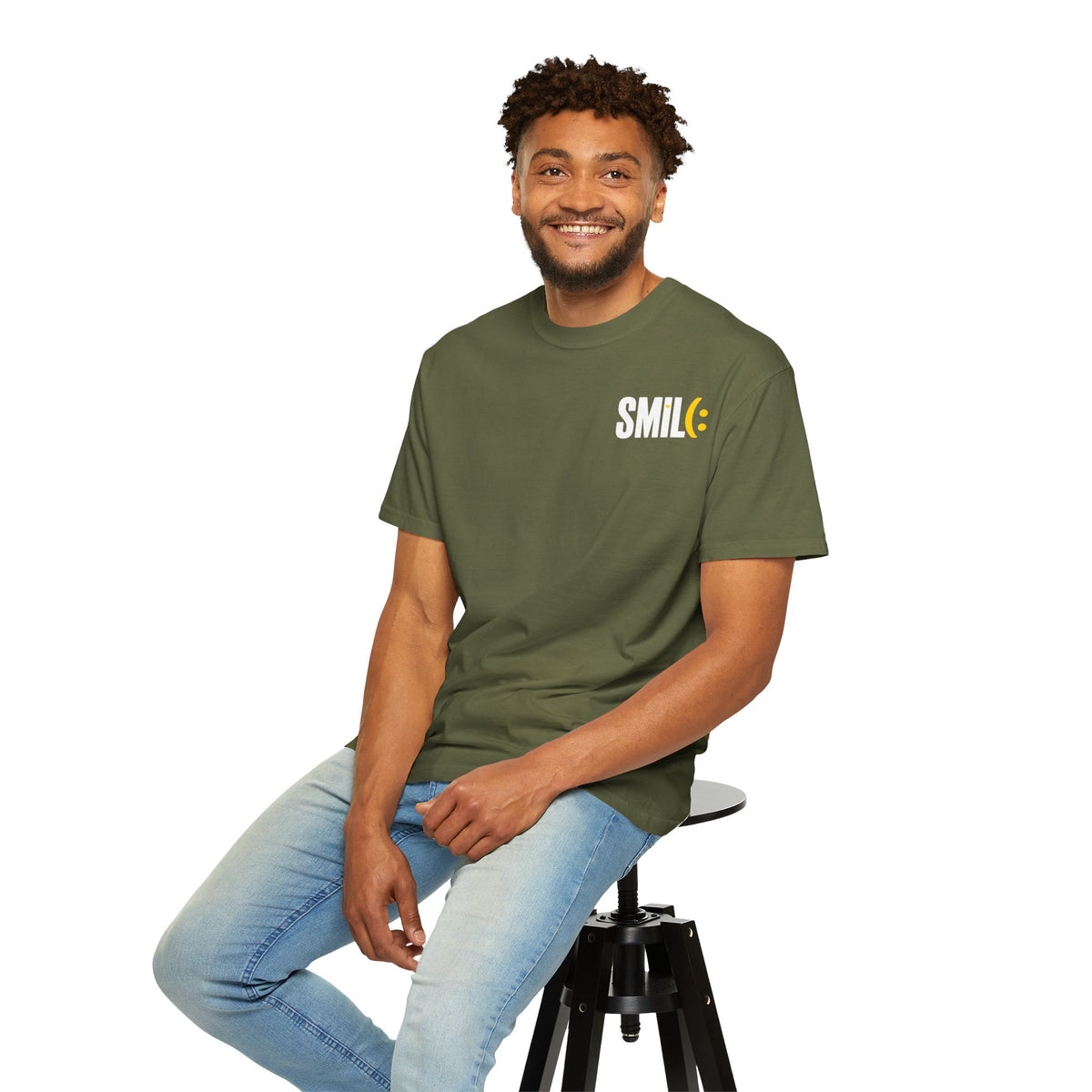 SMIL(: IT’S FREE. White & Yellow Front-and-Back Garment-Dyed Tee