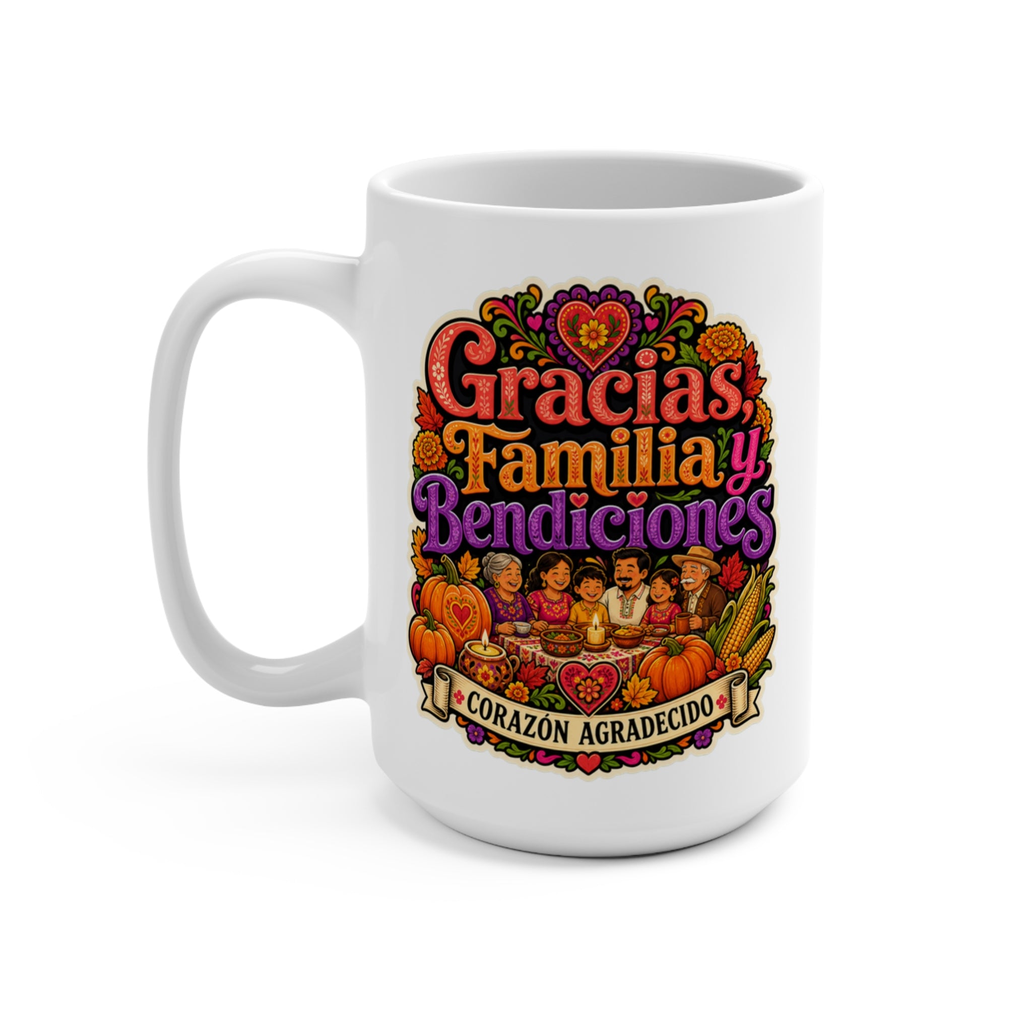 Gracias Familia Bendiciones Mug - Corazón Agradecido Coffee Cup - Hispanic Family Gratitude Gift for Latina Moms, Abuelas and Loved Ones