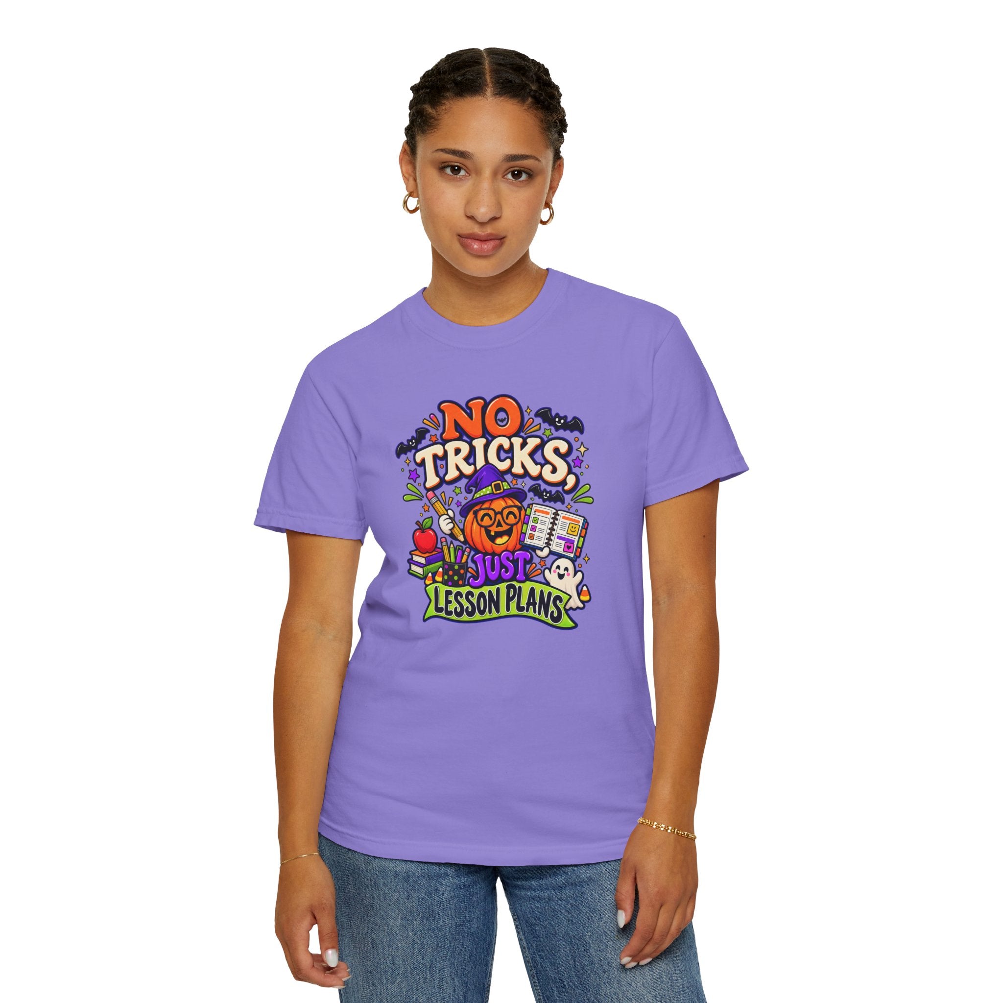 Halloween Teacher T-Shirt - "No Tricks, Just Lesson Plans"