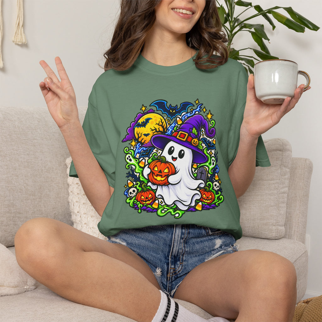Unisex Halloween Ghost & Pumpkin Tee | Vibrant Spooky Adult Shirt