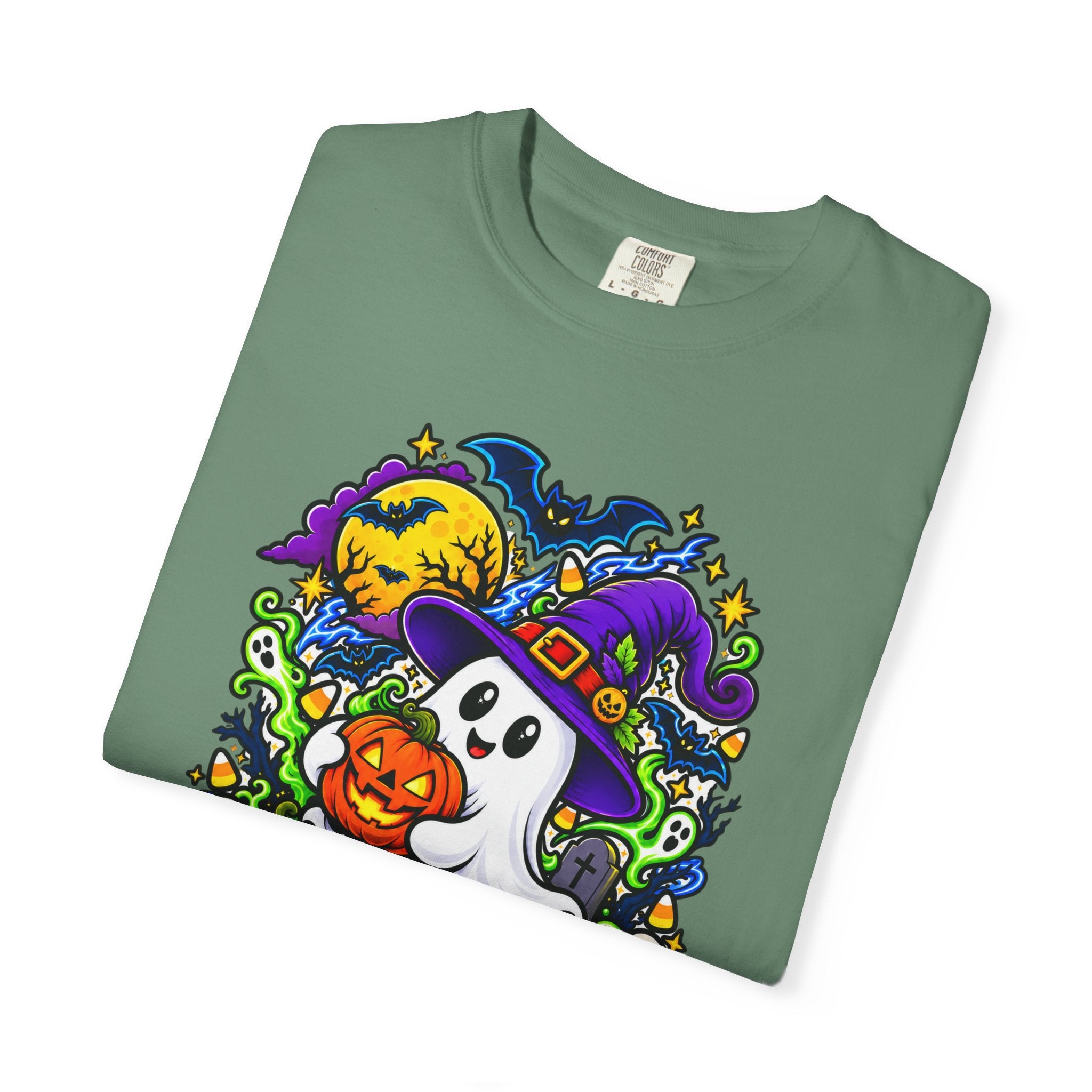 Unisex Halloween Ghost & Pumpkin Tee | Vibrant Spooky Adult Shirt