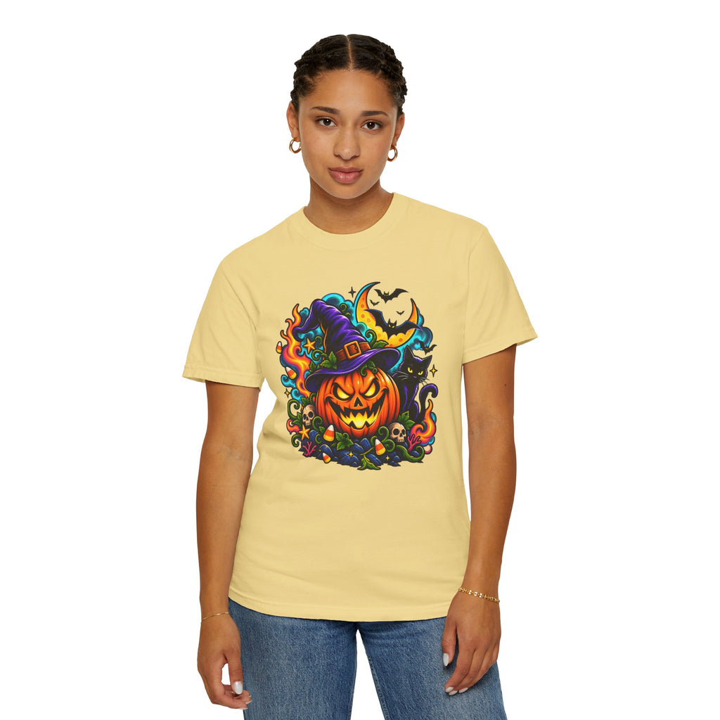 Unisex Halloween Pumpkin & Black Cat T-Shirt | Colorful Spooky Adult Tee