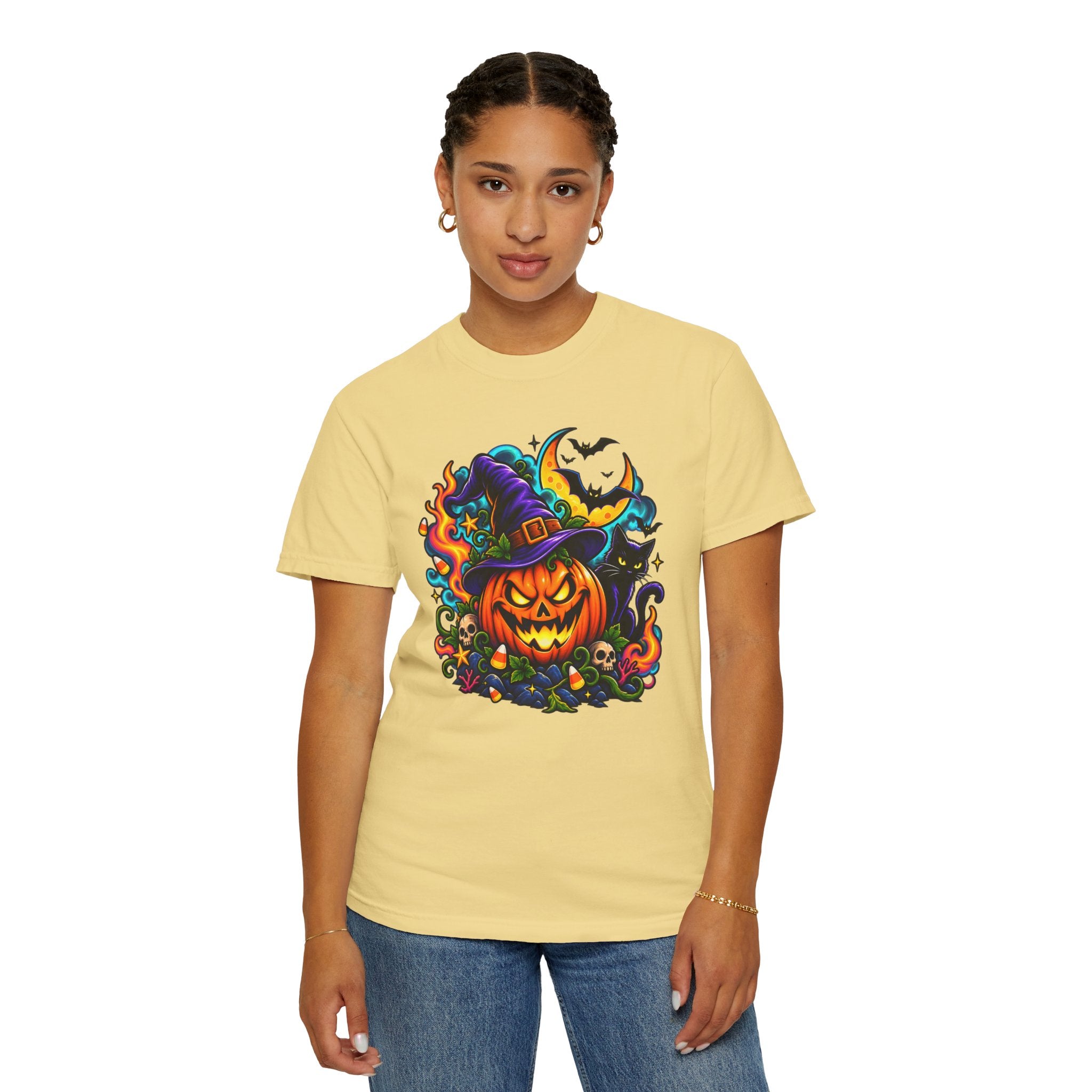 Unisex Halloween Pumpkin & Black Cat T-Shirt | Colorful Spooky Adult Tee
