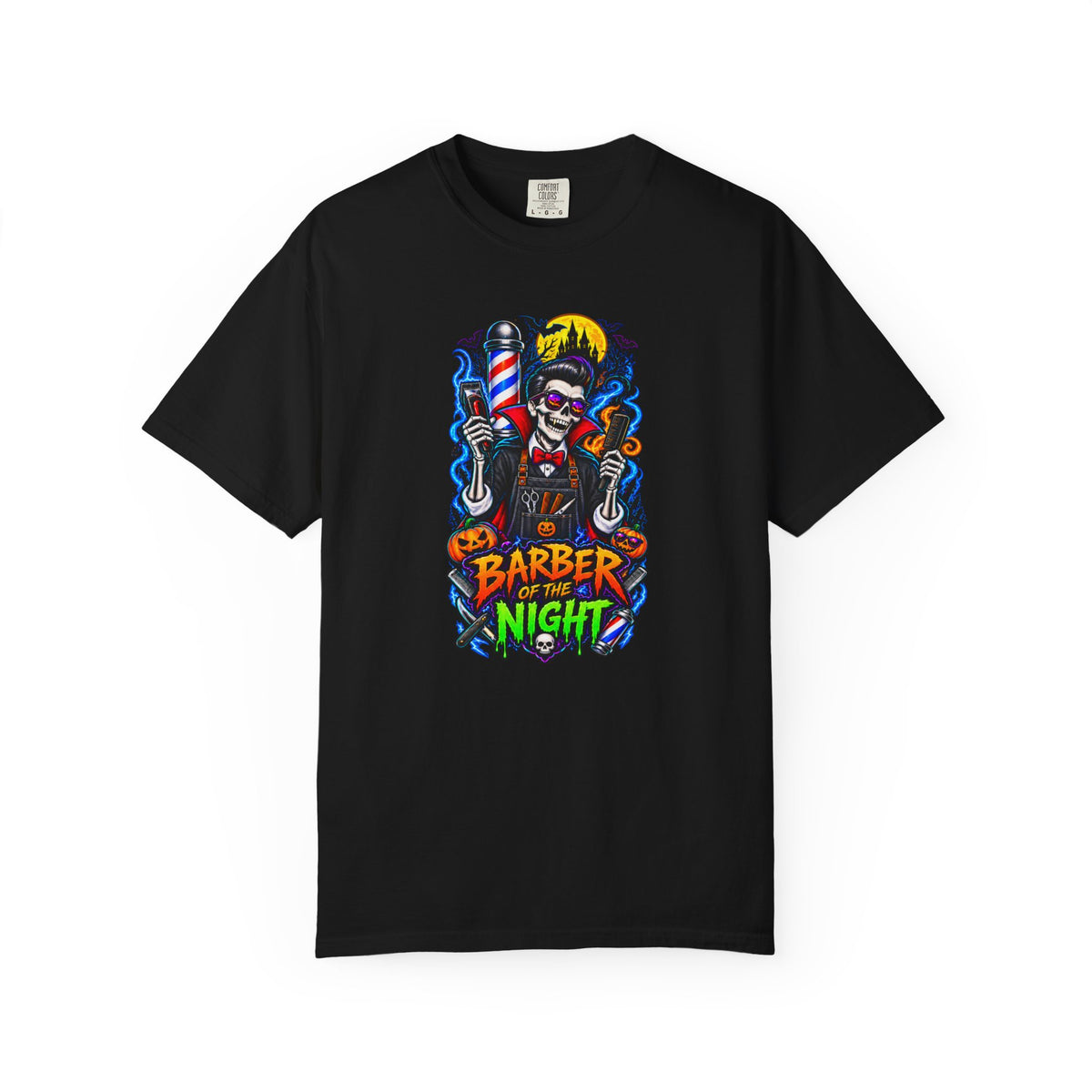 Barber of the Night Halloween Tee – Adult Unisex Barbershop Shirt