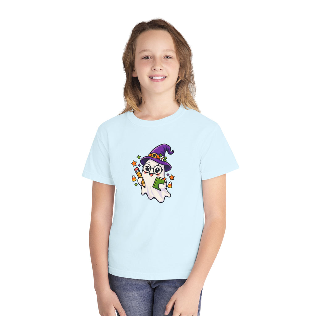 Kids Halloween Ghost Tee — Cute Witch Hat Ghost with Candy Corn & Trick-or-Treat Book