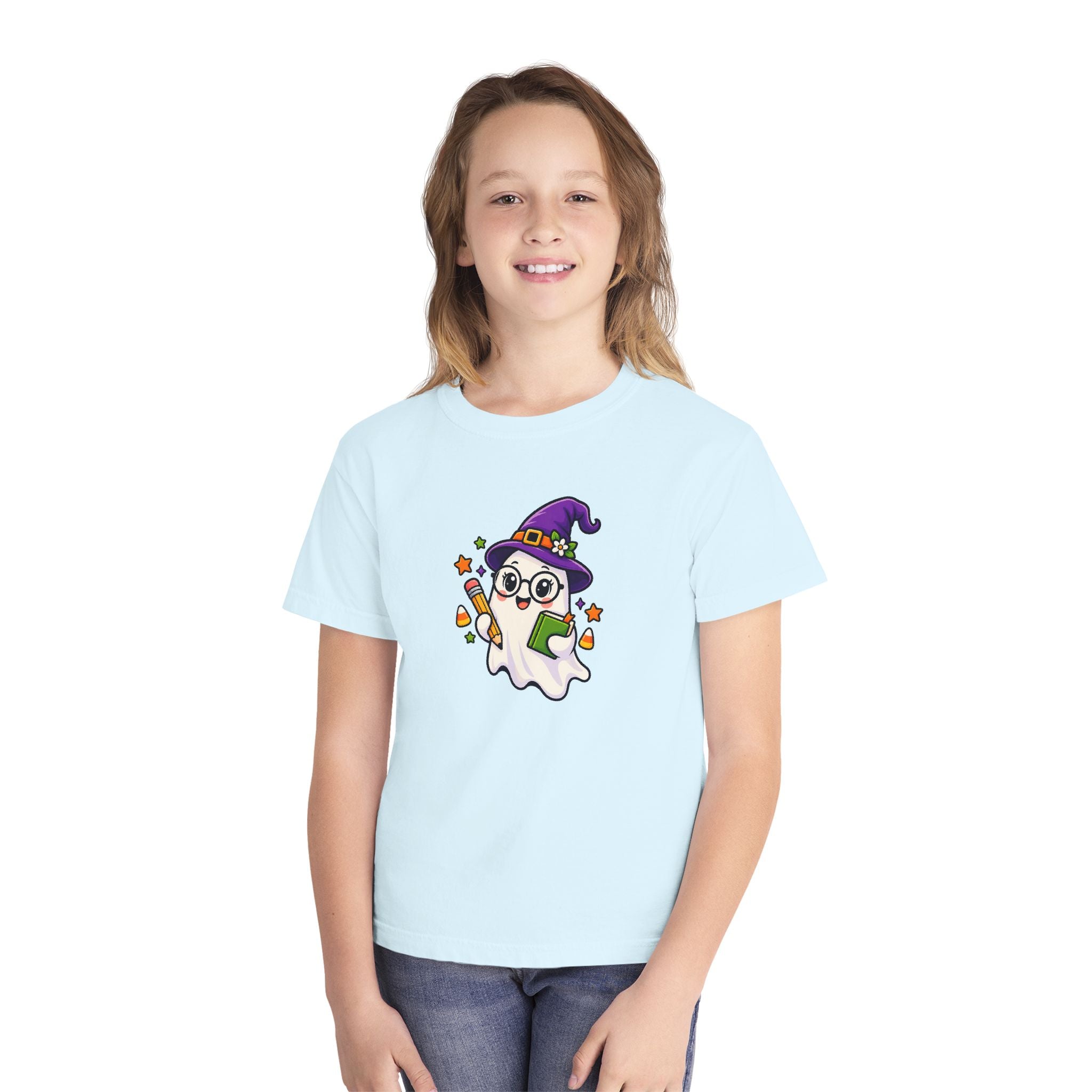 Kids Halloween Ghost Tee — Cute Witch Hat Ghost with Candy Corn & Trick-or-Treat Book
