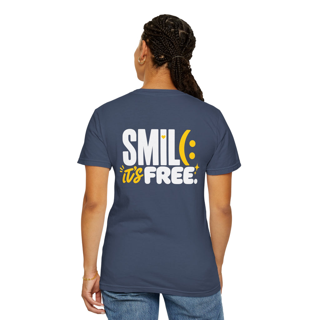 SMIL(: IT’S FREE. White & Yellow Front-and-Back Garment-Dyed Tee