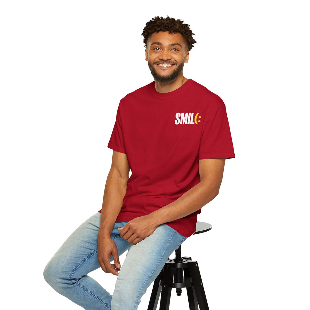 SMIL(: IT’S FREE. White & Yellow Front-and-Back Garment-Dyed Tee