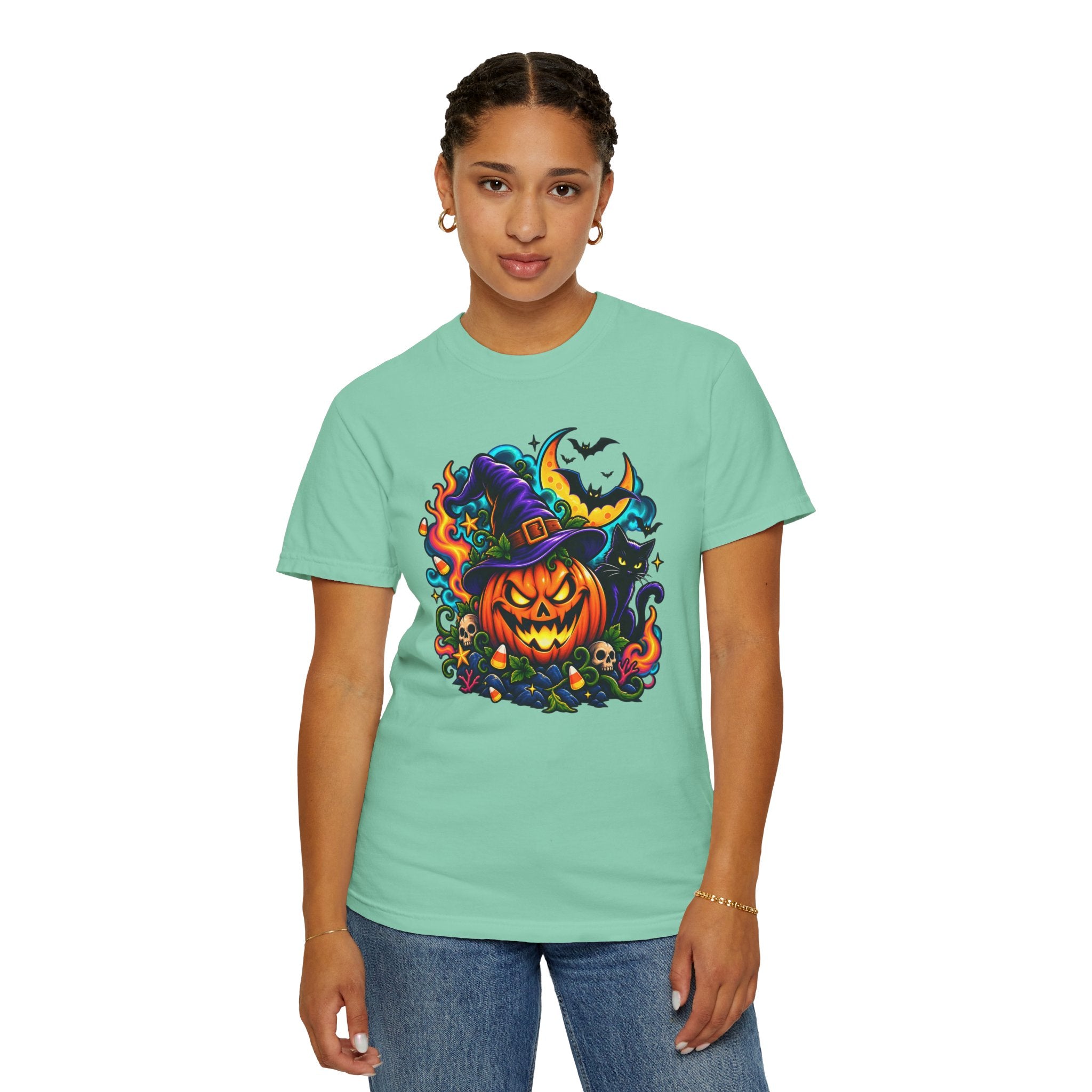 Unisex Halloween Pumpkin & Black Cat T-Shirt | Colorful Spooky Adult Tee
