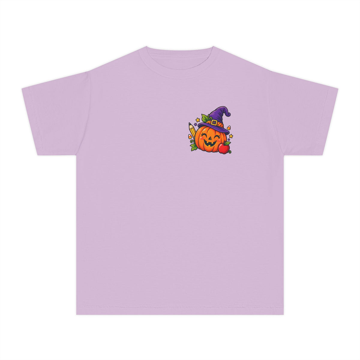 Kids Halloween Pumpkin Witch Hat Tee — Cute Jack-O'-Lantern with Apple & Pencils