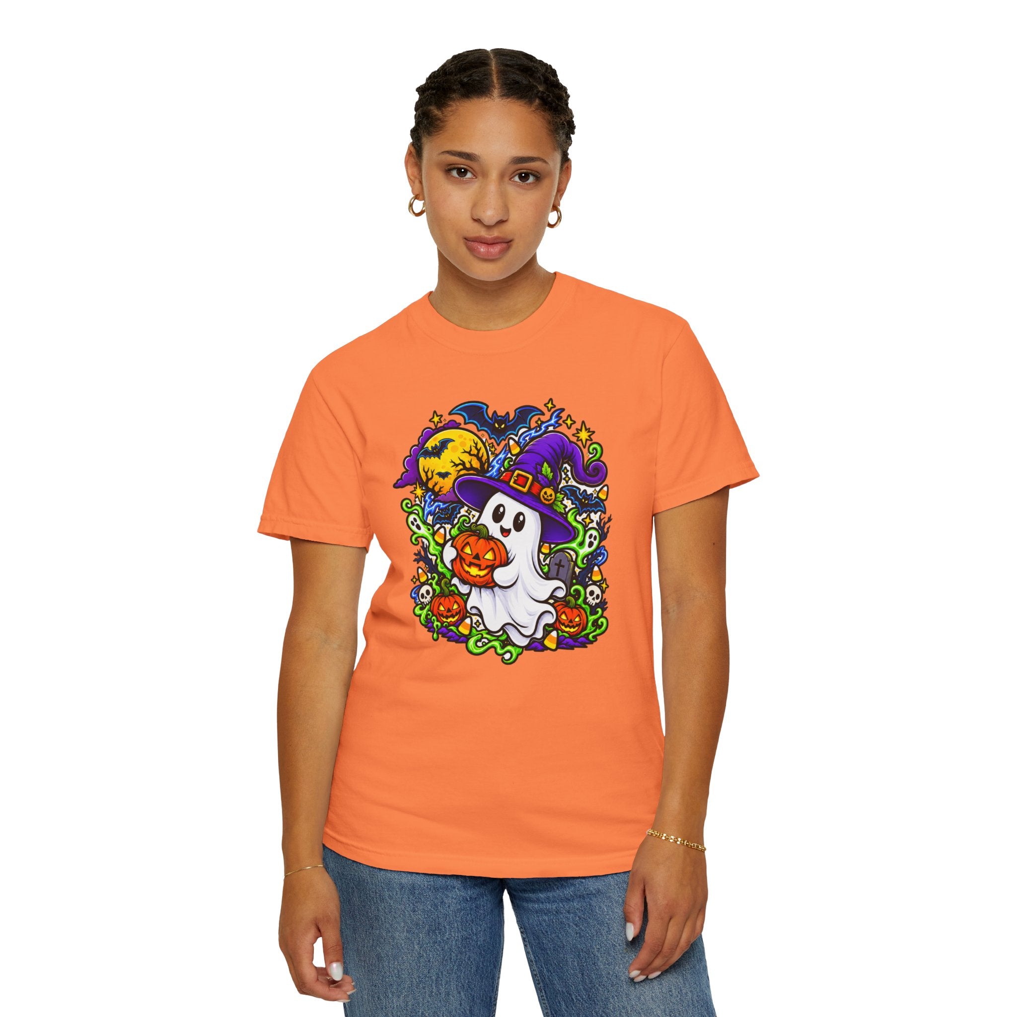 Unisex Halloween Ghost & Pumpkin Tee | Vibrant Spooky Adult Shirt