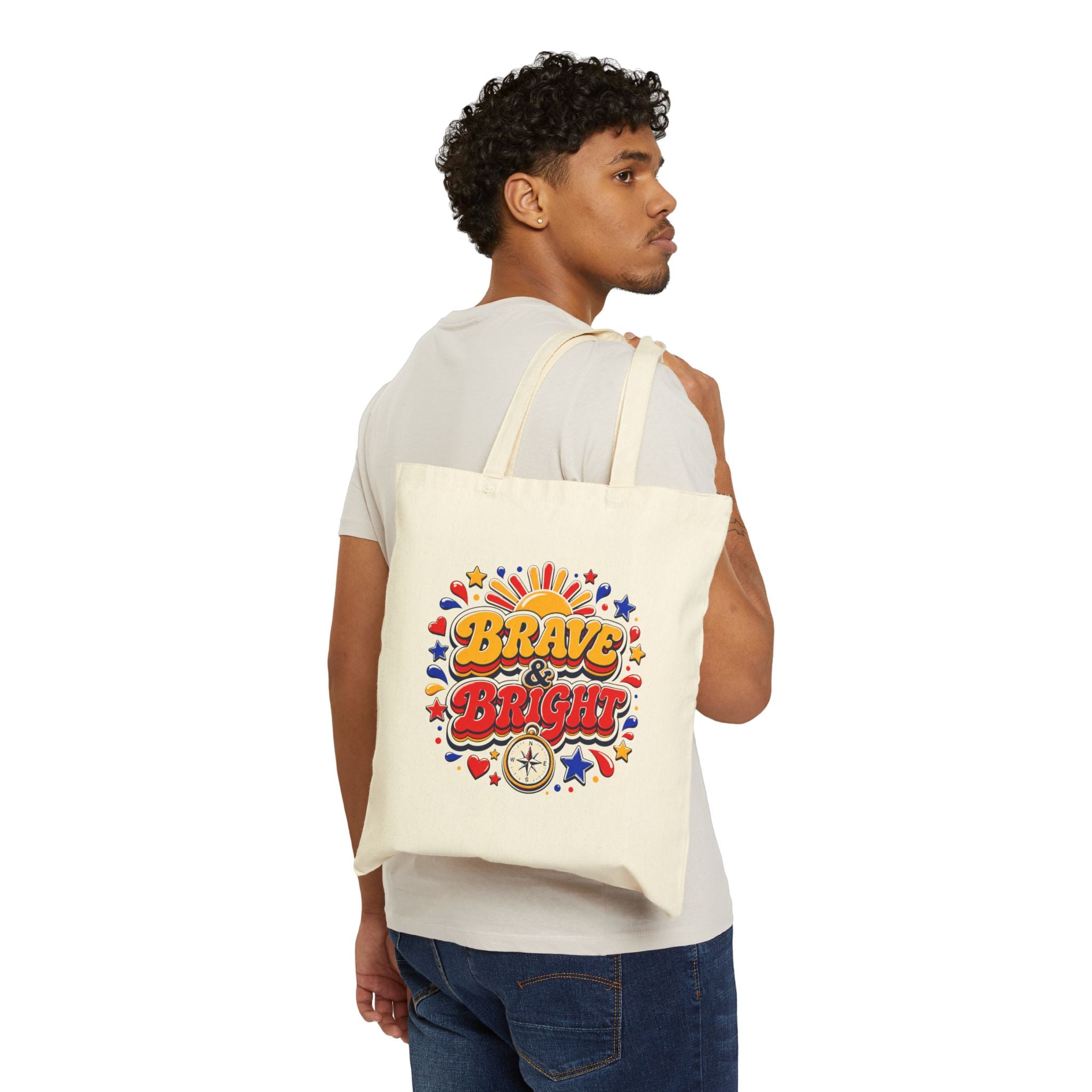 Brave and Bright - 70s Style Retro Compass and Sun Graphic Tote Bag
