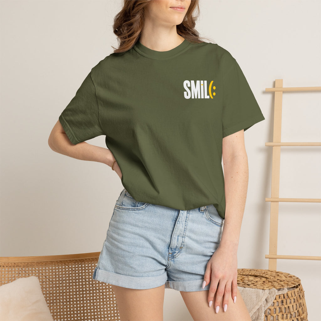 SMIL(: IT’S FREE. White & Yellow Front-and-Back Garment-Dyed Tee