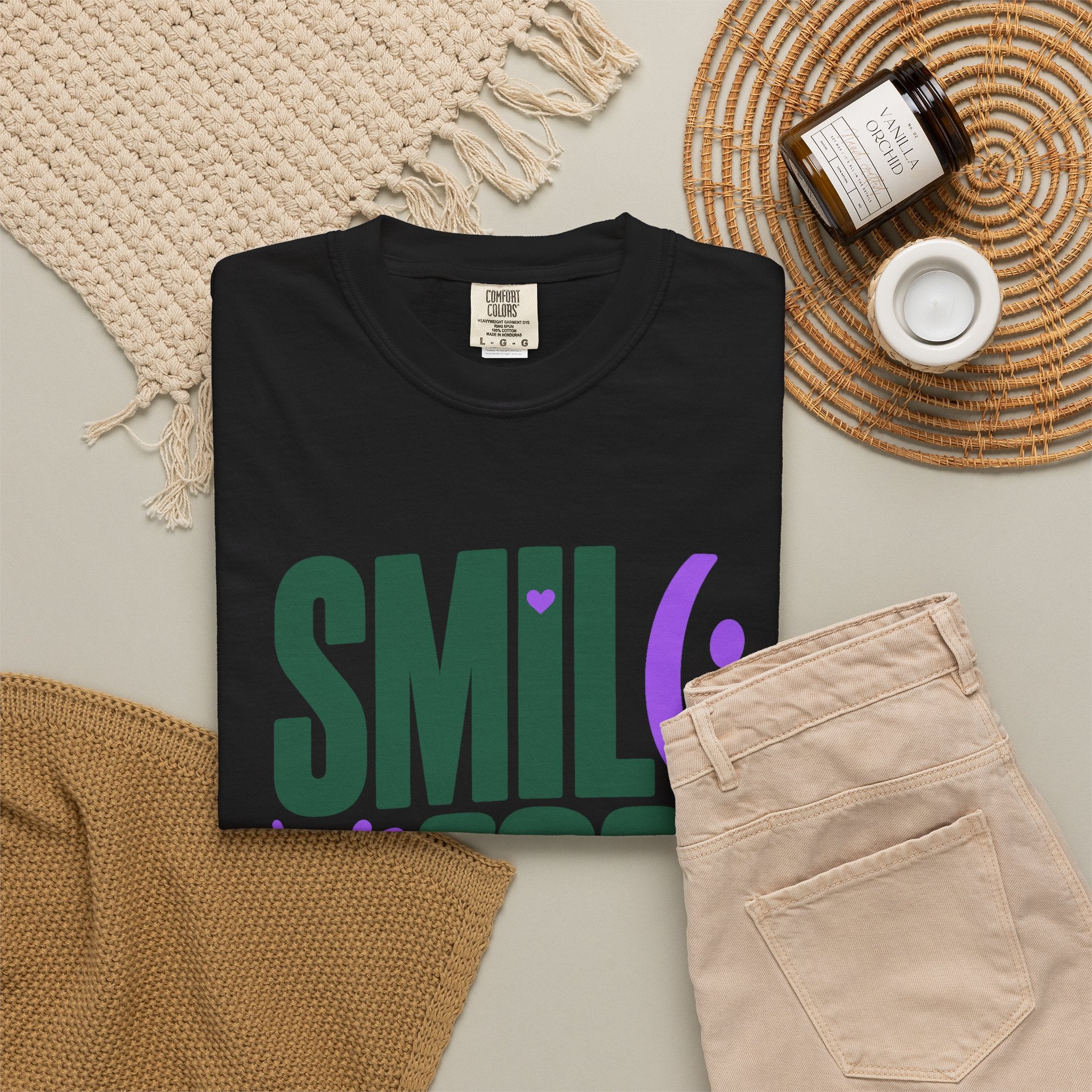 SMIL(: IT’S FREE. Forest Green & Purple Garment-Dyed Graphic Tee