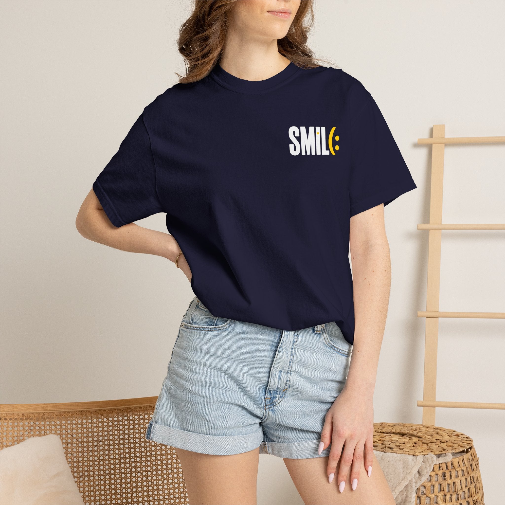 SMIL(: IT’S FREE. White & Yellow Front-and-Back Garment-Dyed Tee