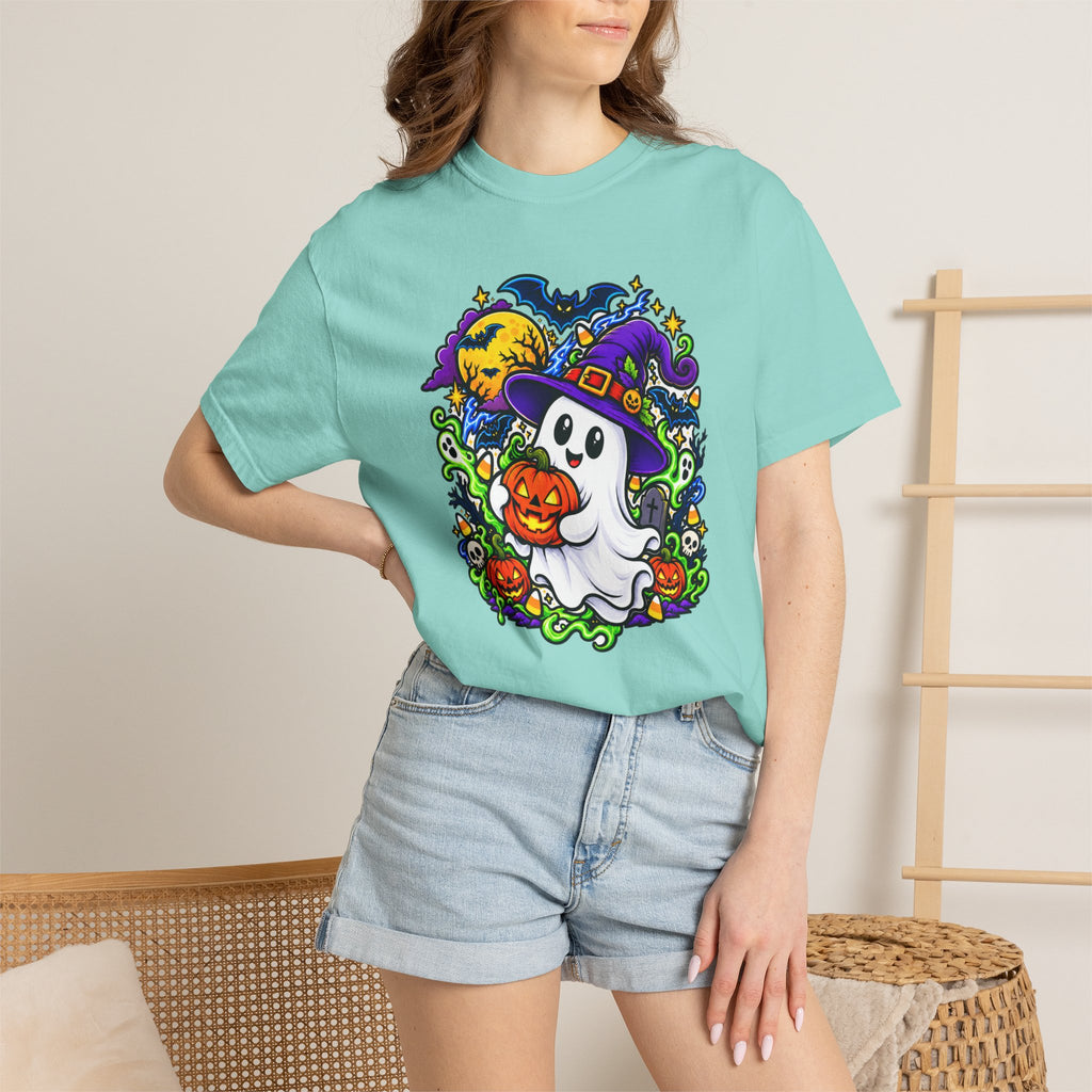 Unisex Halloween Ghost & Pumpkin Tee | Vibrant Spooky Adult Shirt