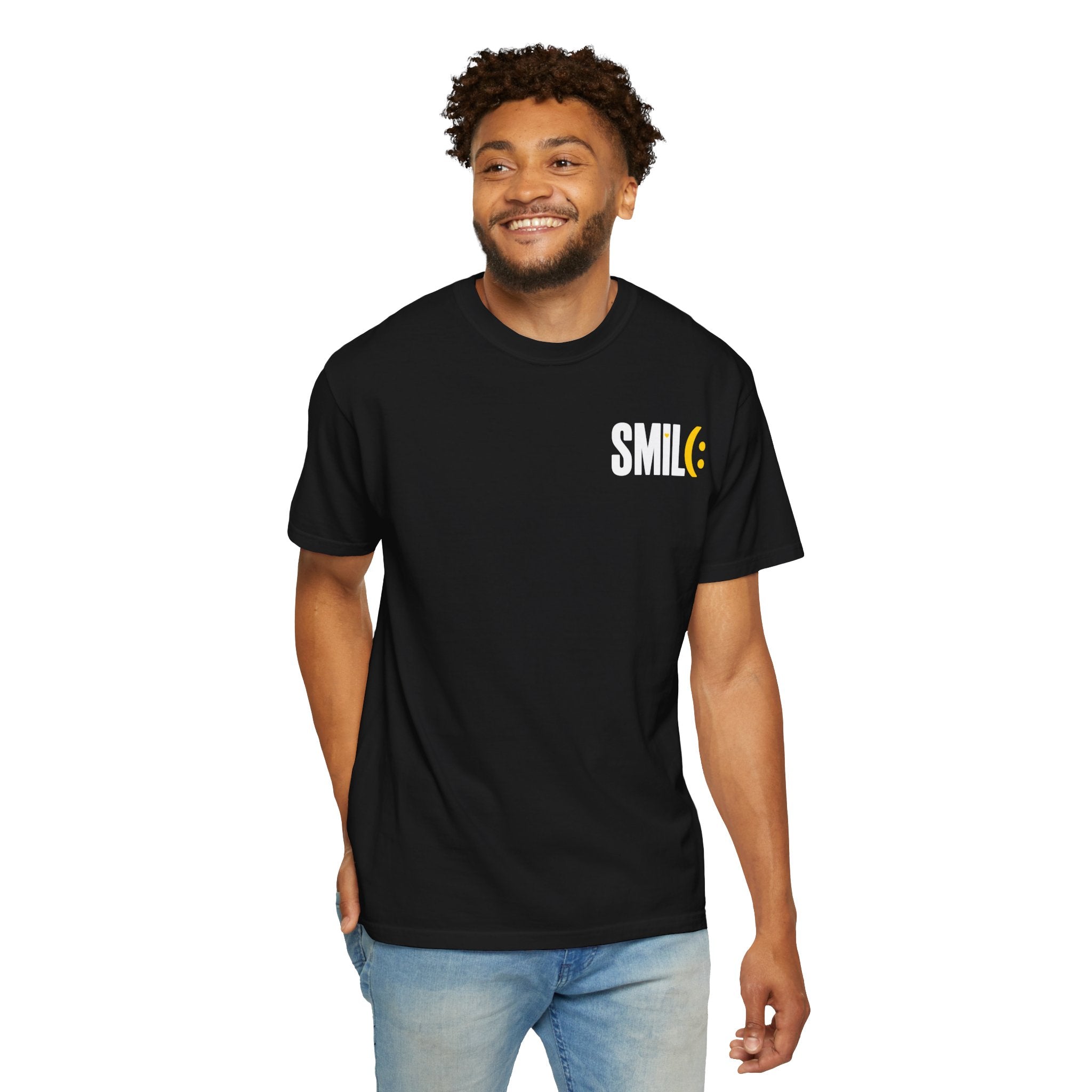 SMIL(: IT’S FREE. White & Yellow Front-and-Back Garment-Dyed Tee