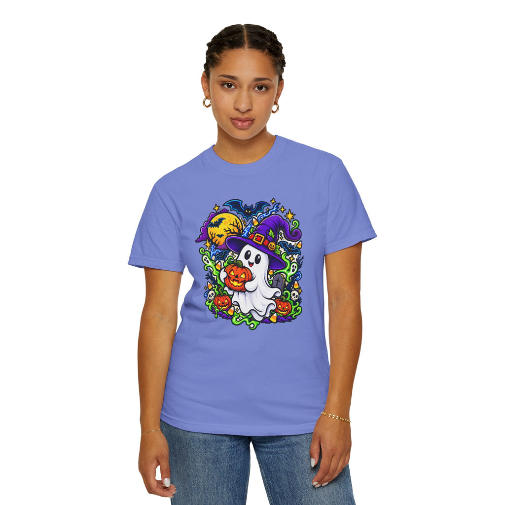 Unisex Halloween Ghost & Pumpkin Tee | Vibrant Spooky Adult Shirt
