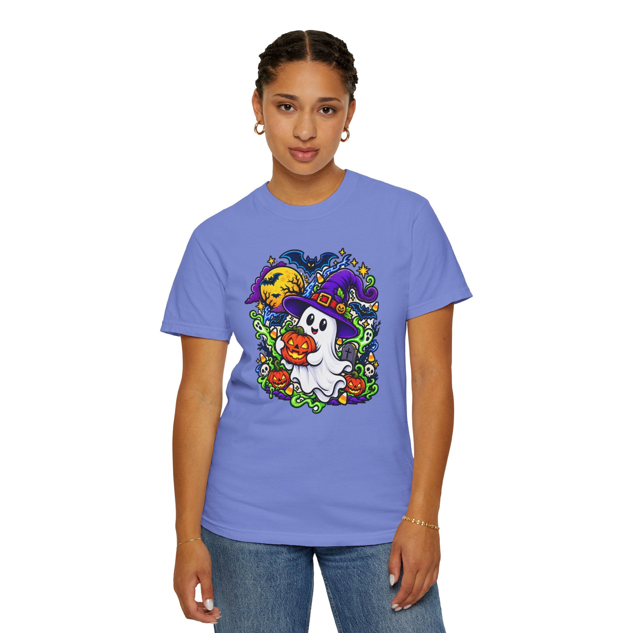 Unisex Halloween Ghost & Pumpkin Tee | Vibrant Spooky Adult Shirt