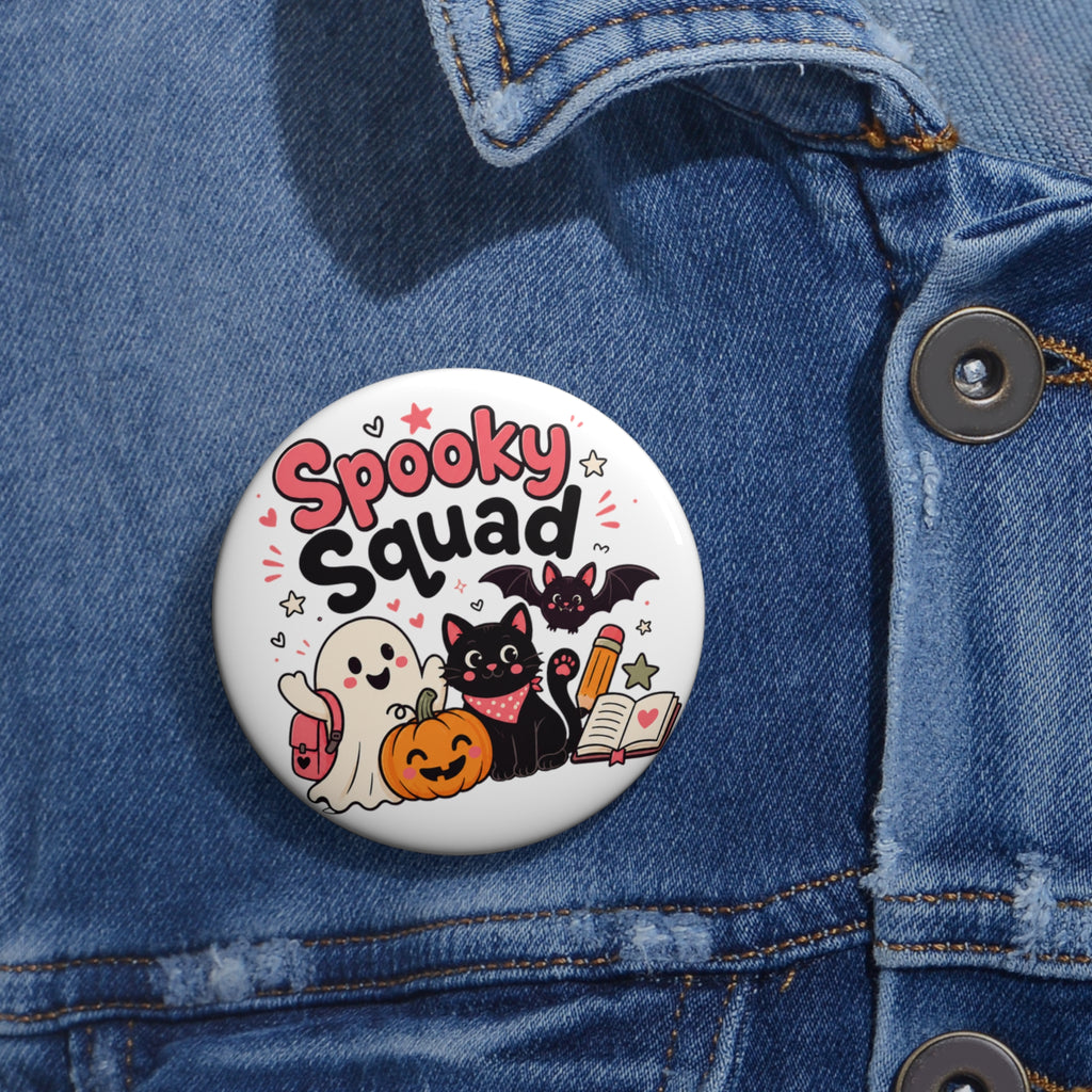 Spooky Squad Button Pin - Cute Halloween Ghost Cat Badge - Bookish Fall Pumpkin Accessory for Students, Teachers and Readers
