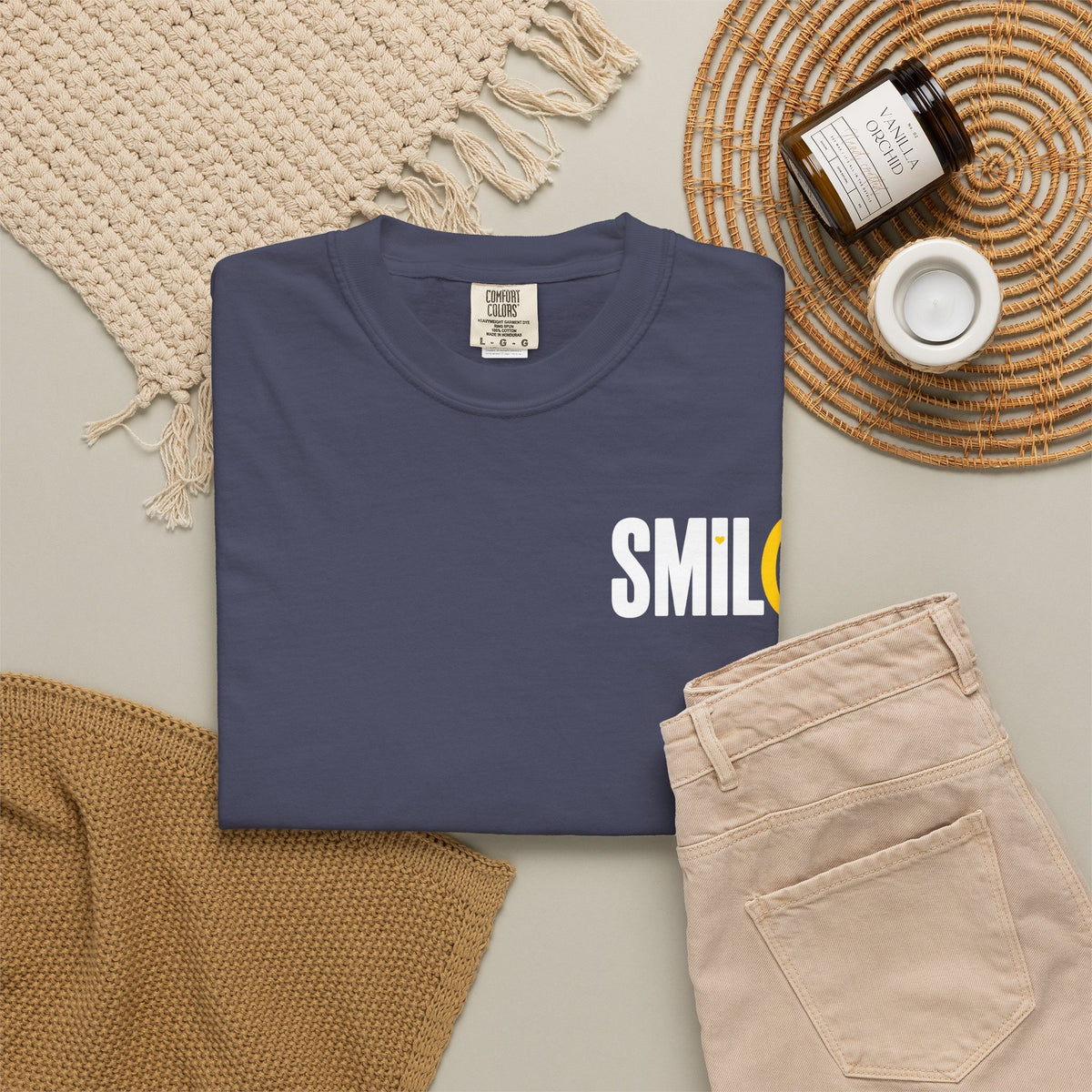 SMIL(: IT’S FREE. White & Yellow Front-and-Back Garment-Dyed Tee