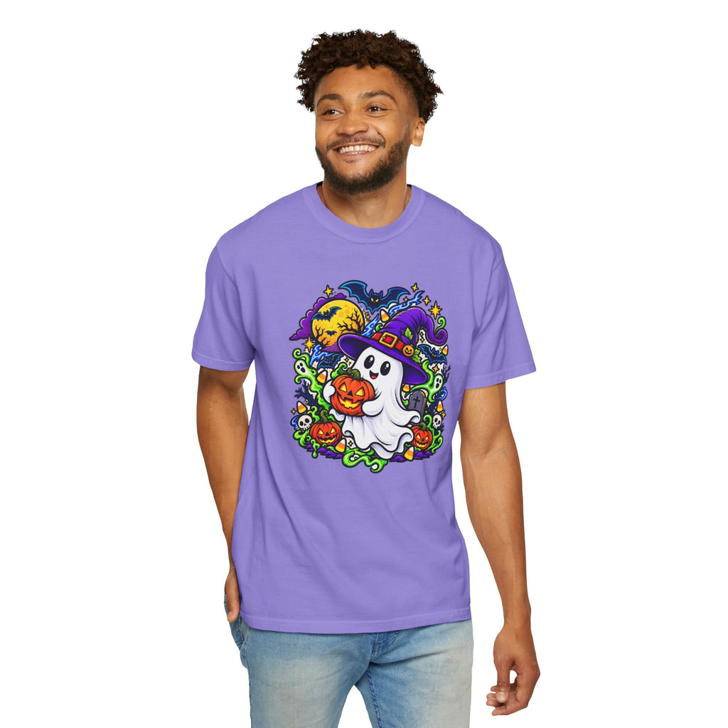 Unisex Halloween Ghost & Pumpkin Tee | Vibrant Spooky Adult Shirt