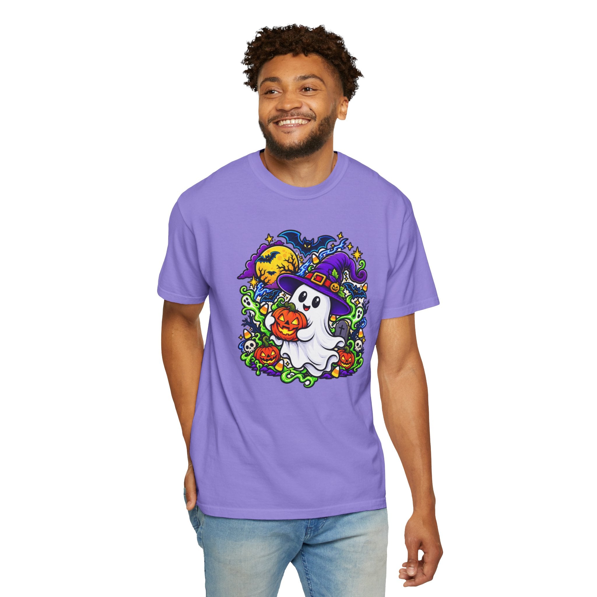 Unisex Halloween Ghost & Pumpkin Tee | Vibrant Spooky Adult Shirt