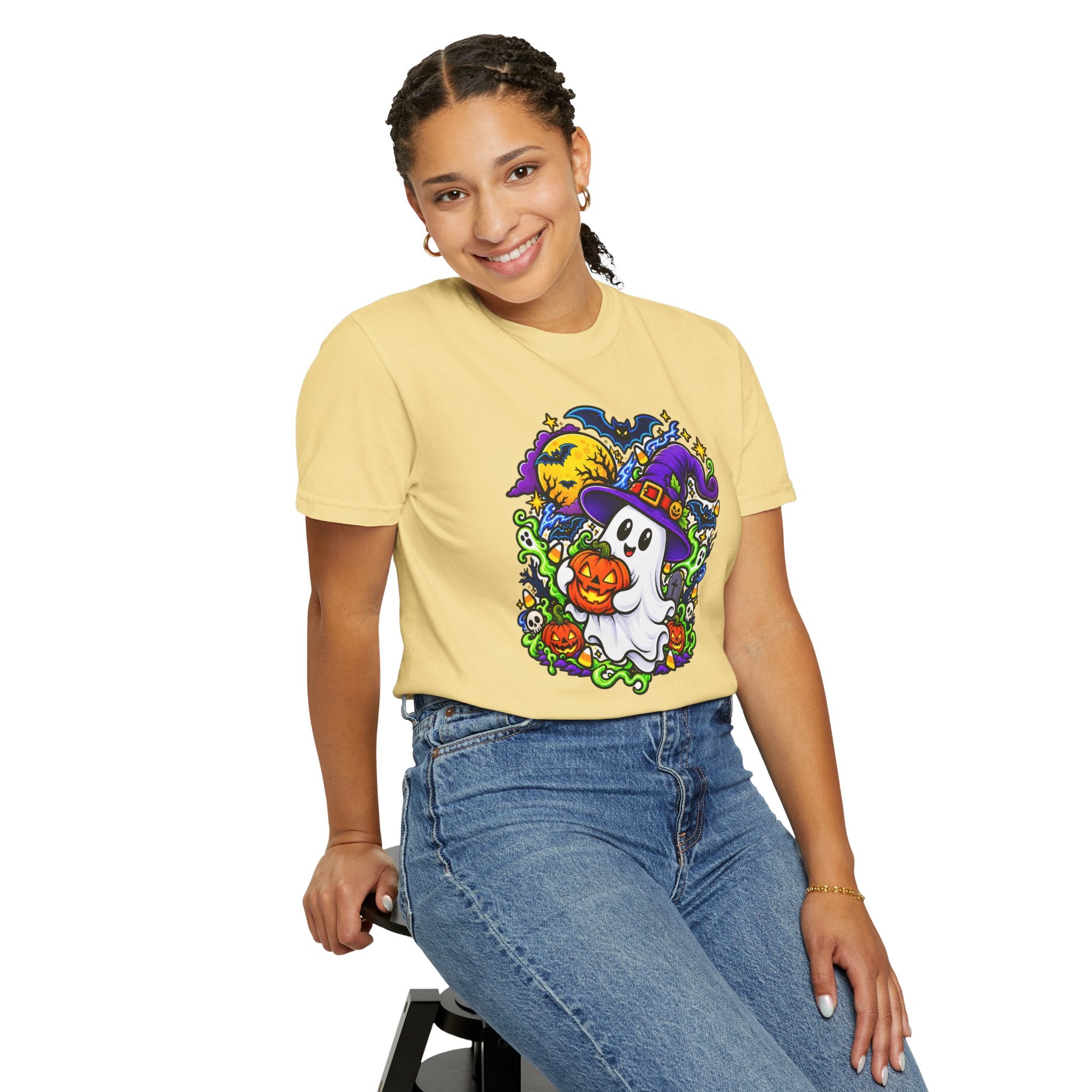 Unisex Halloween Ghost & Pumpkin Tee | Vibrant Spooky Adult Shirt