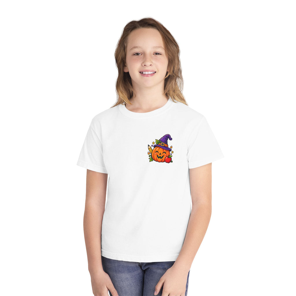 Kids Halloween Pumpkin Witch Hat Tee — Cute Jack-O'-Lantern with Apple & Pencils