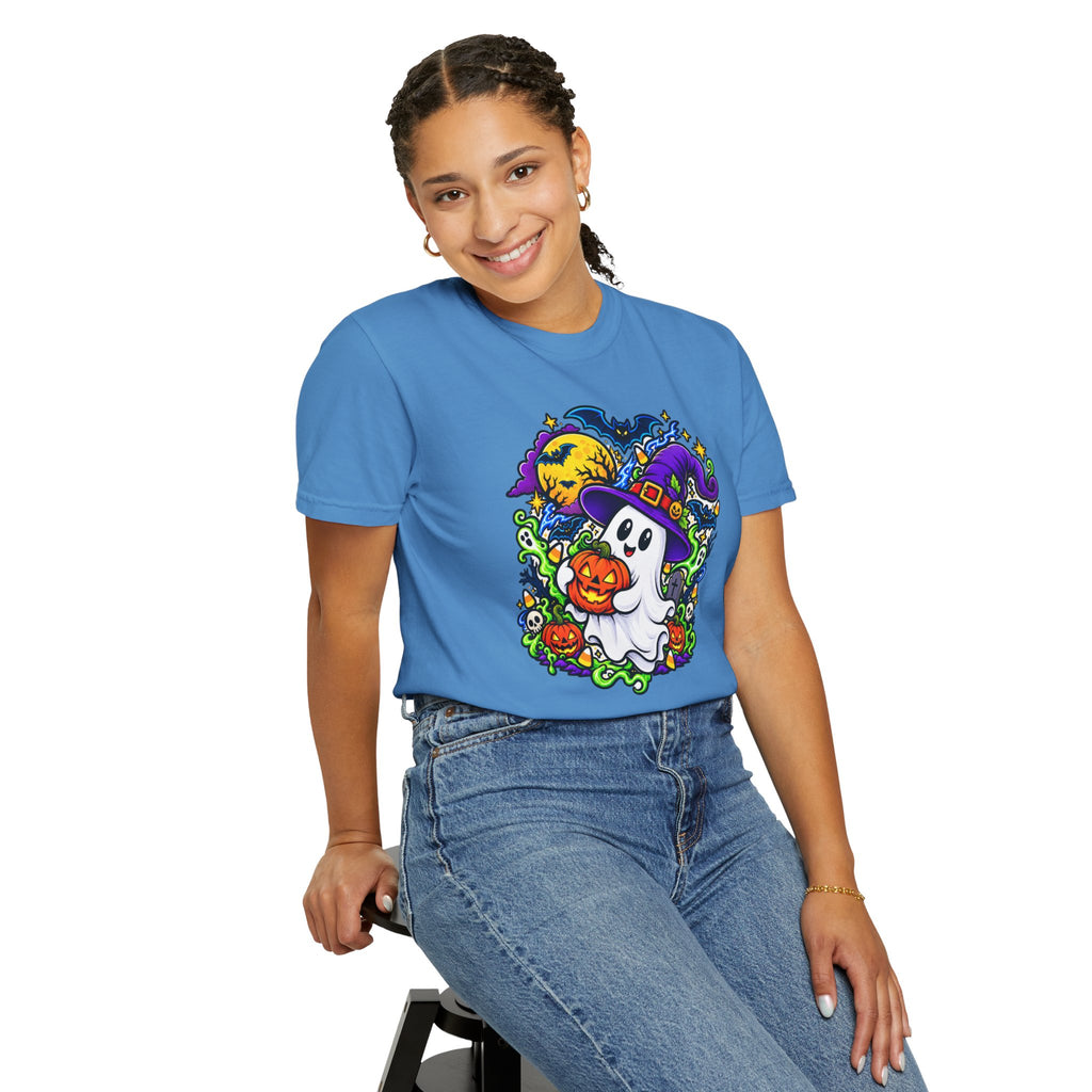 Unisex Halloween Ghost & Pumpkin Tee | Vibrant Spooky Adult Shirt