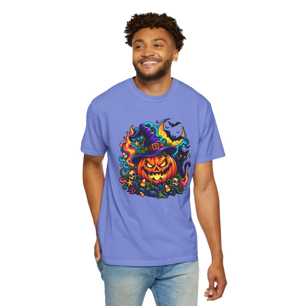 Unisex Halloween Pumpkin & Black Cat T-Shirt | Colorful Spooky Adult Tee