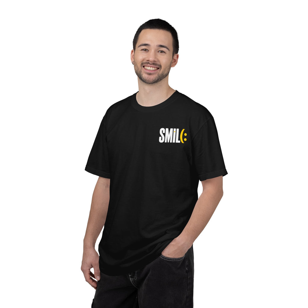 SMIL(: IT’S FREE. White & Yellow Front-and-Back Garment-Dyed Tee