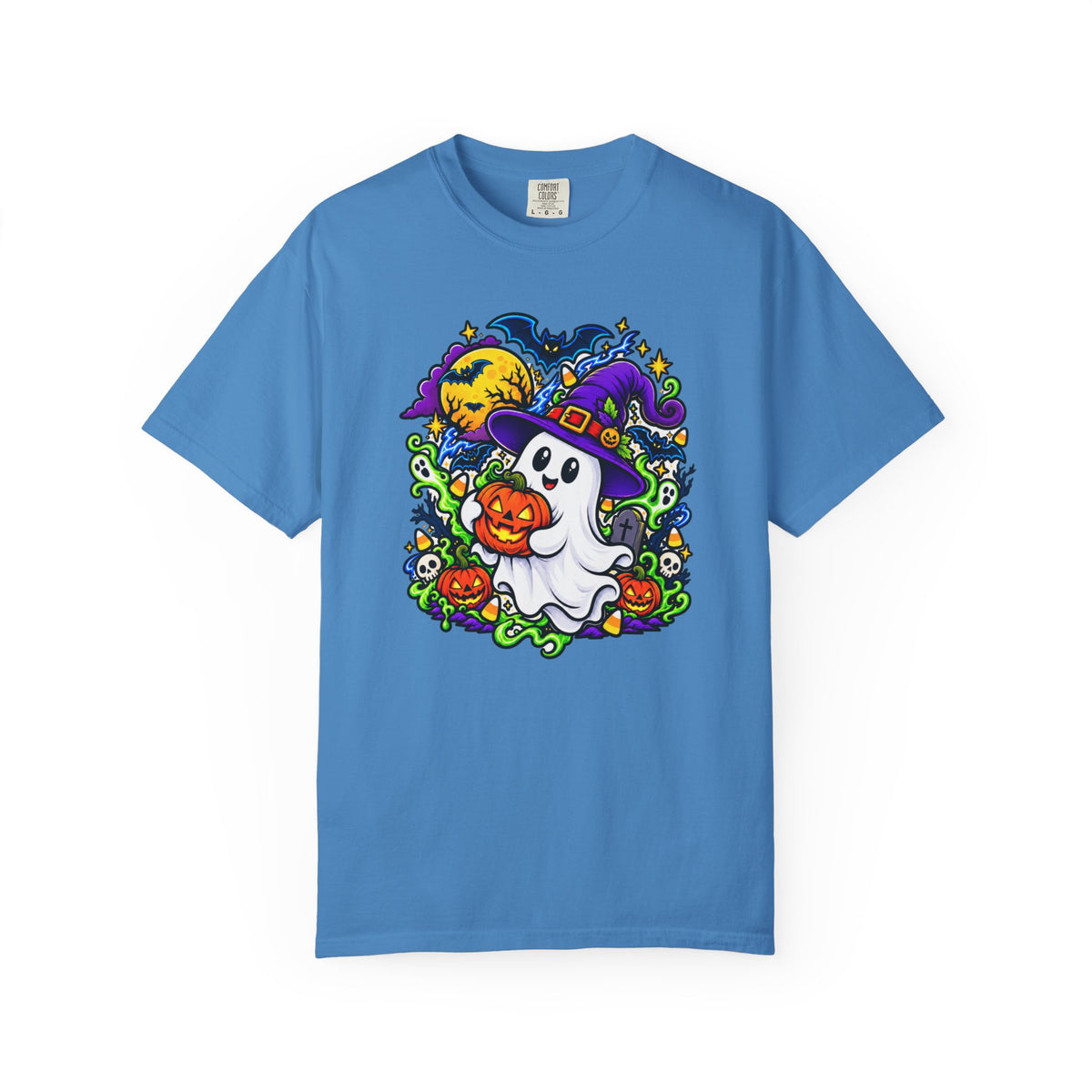 Unisex Halloween Ghost & Pumpkin Tee | Vibrant Spooky Adult Shirt