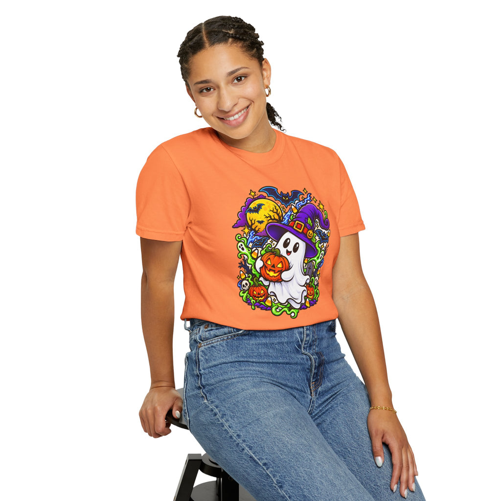 Unisex Halloween Ghost & Pumpkin Tee | Vibrant Spooky Adult Shirt