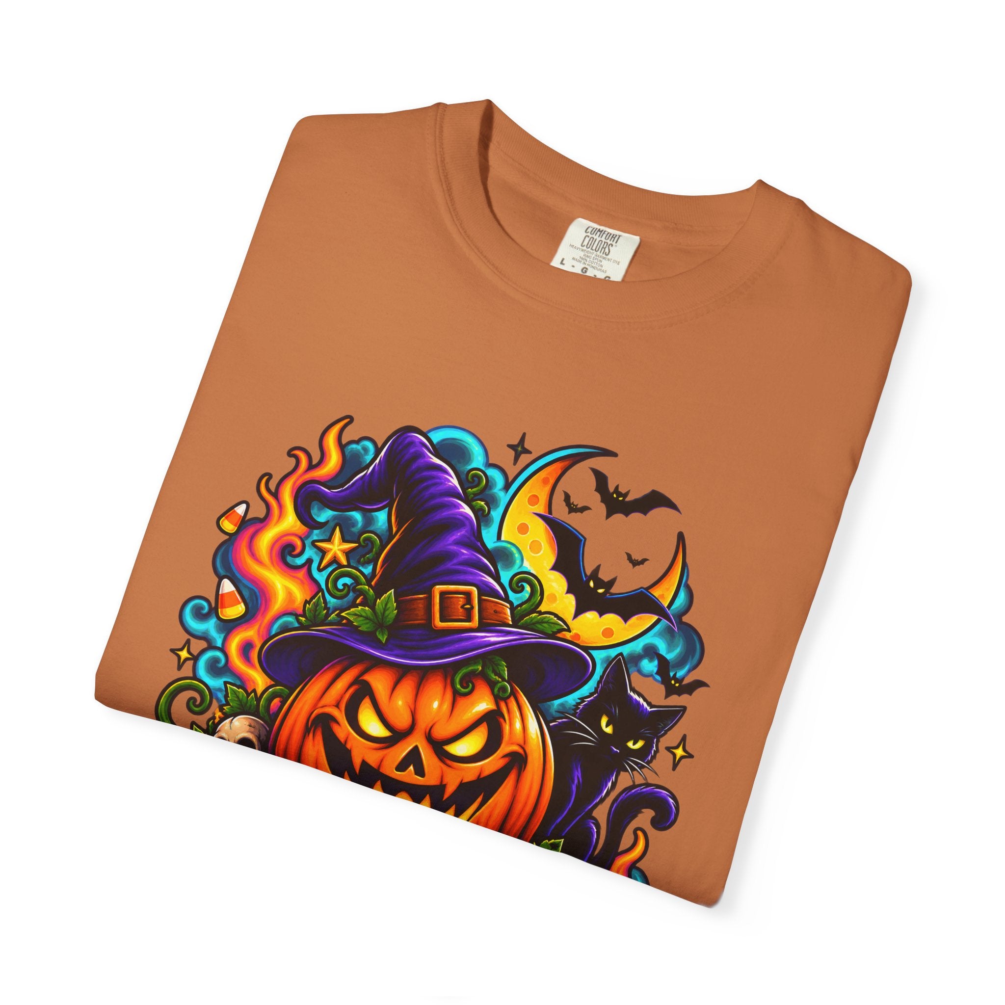 Unisex Halloween Pumpkin & Black Cat T-Shirt | Colorful Spooky Adult Tee