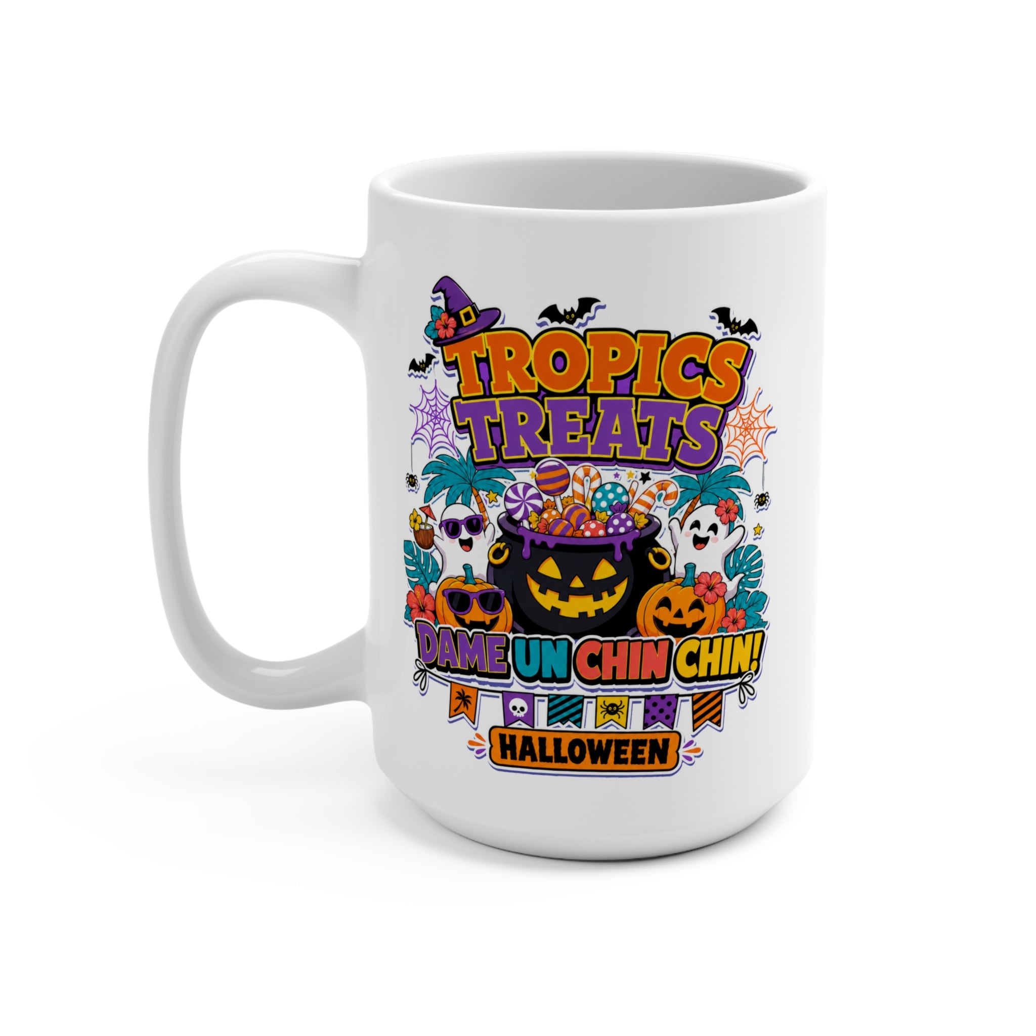 Tropics Treats Halloween Mug - Tropical Halloween Coffee Cup - Dame Un Chin Chin Spooky Gift - Fun Holiday Mug