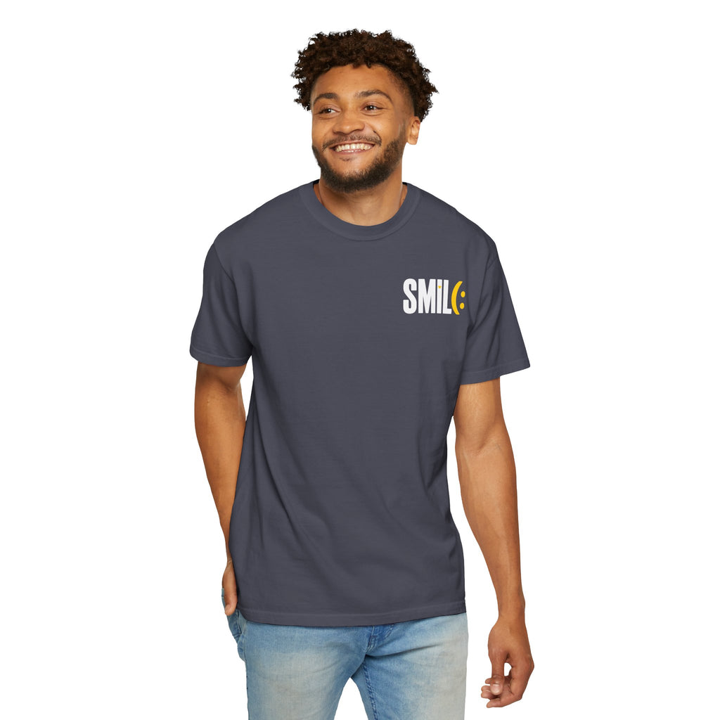 SMIL(: IT’S FREE. White & Yellow Front-and-Back Garment-Dyed Tee