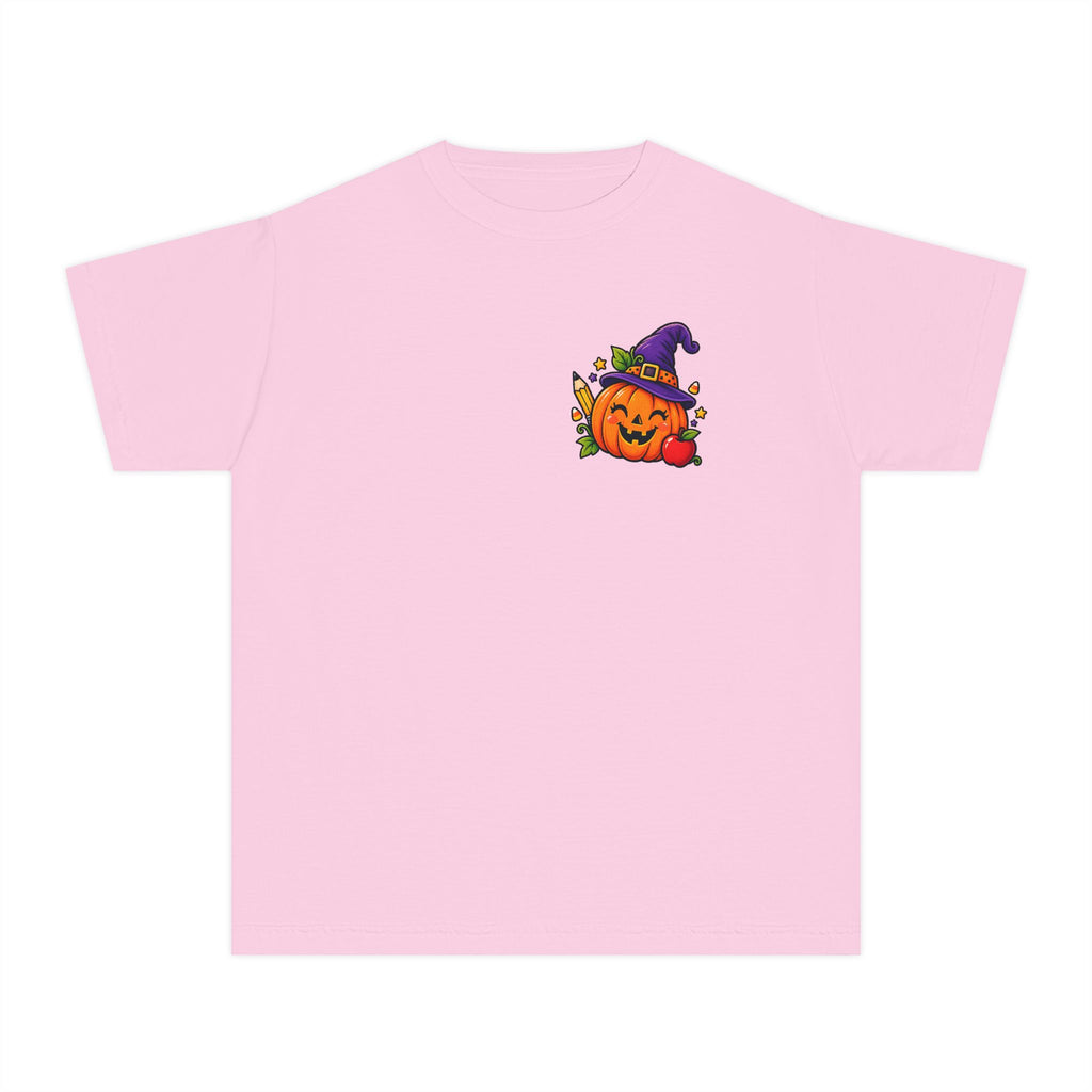 Kids Halloween Pumpkin Witch Hat Tee — Cute Jack-O'-Lantern with Apple & Pencils