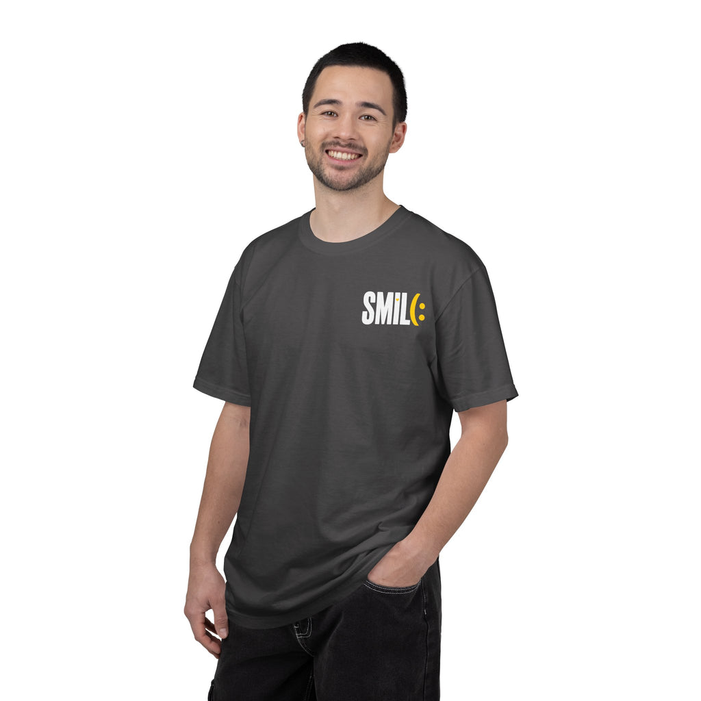 SMIL(: IT’S FREE. White & Yellow Front-and-Back Garment-Dyed Tee