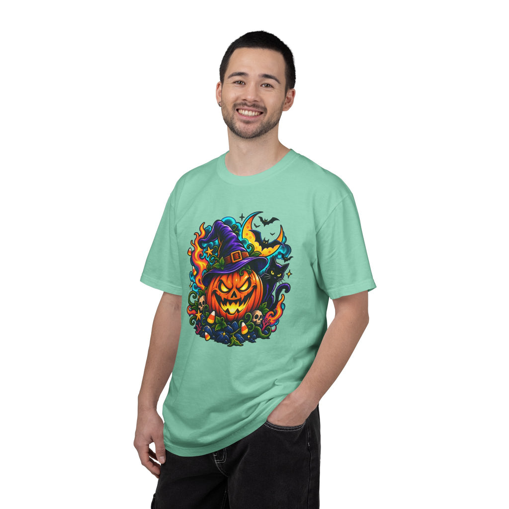Unisex Halloween Pumpkin & Black Cat T-Shirt | Colorful Spooky Adult Tee