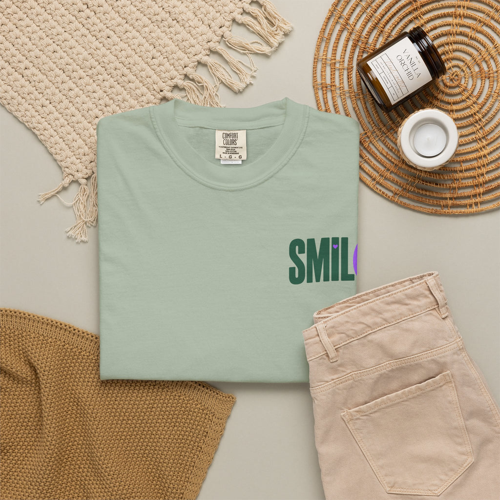 SMIL(: IT’S FREE. Green & Purple Front-and-Back Garment-Dyed Tee