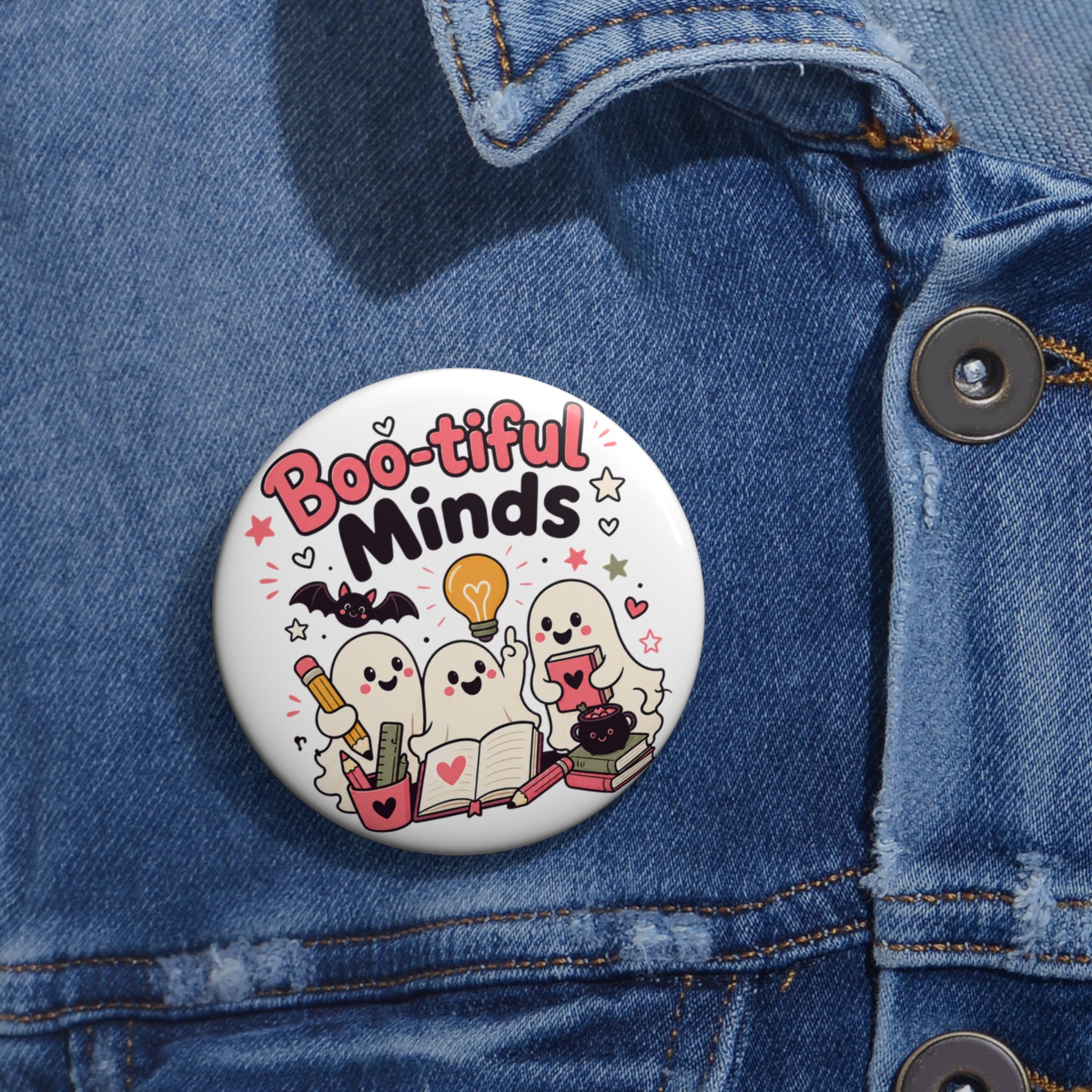 Boo-tiful Minds Halloween Button Pin, Cute Ghost Book Lover Badge