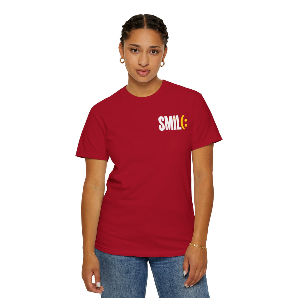 SMIL(: IT’S FREE. White & Yellow Front-and-Back Garment-Dyed Tee