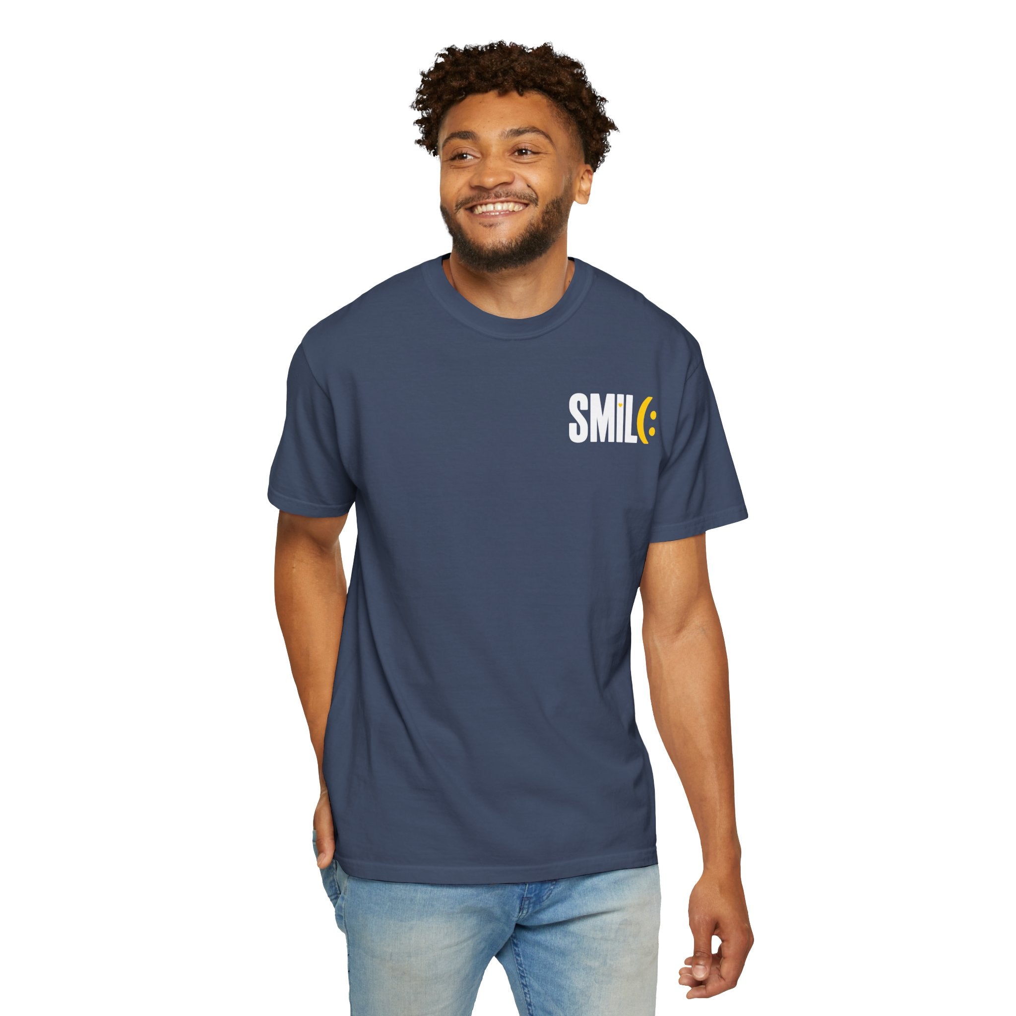SMIL(: IT’S FREE. White & Yellow Front-and-Back Garment-Dyed Tee